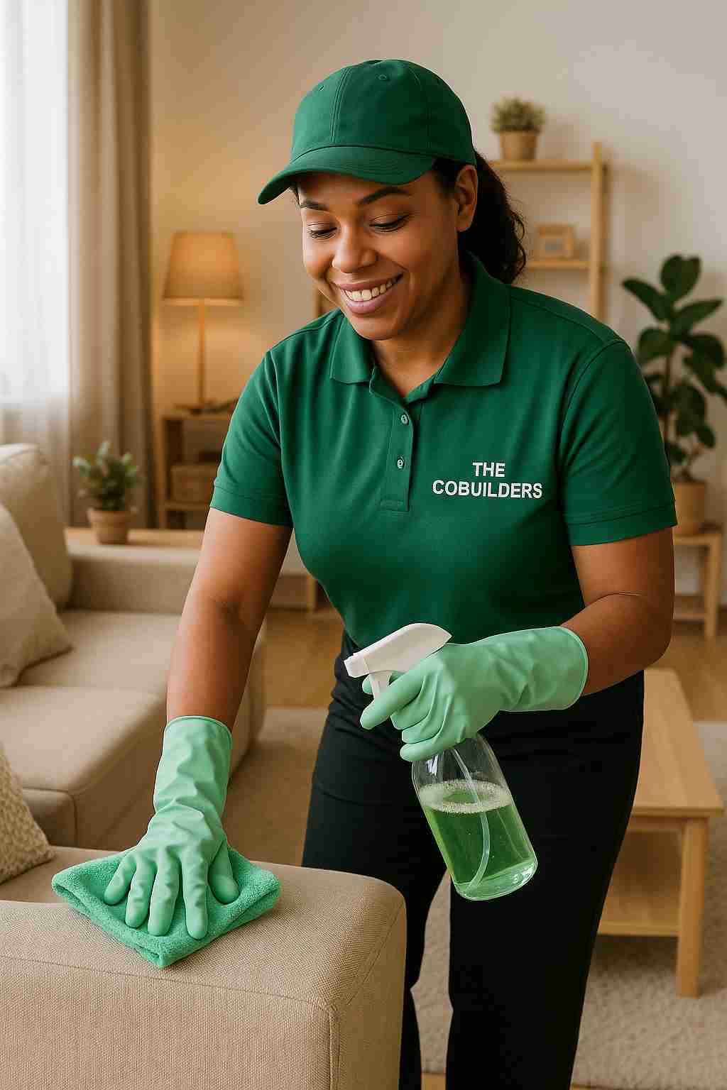 Trusted professional cleaner with "The CoBuilders" label on their uniform providing eco-friendly home cleaning near me in a cozy living room