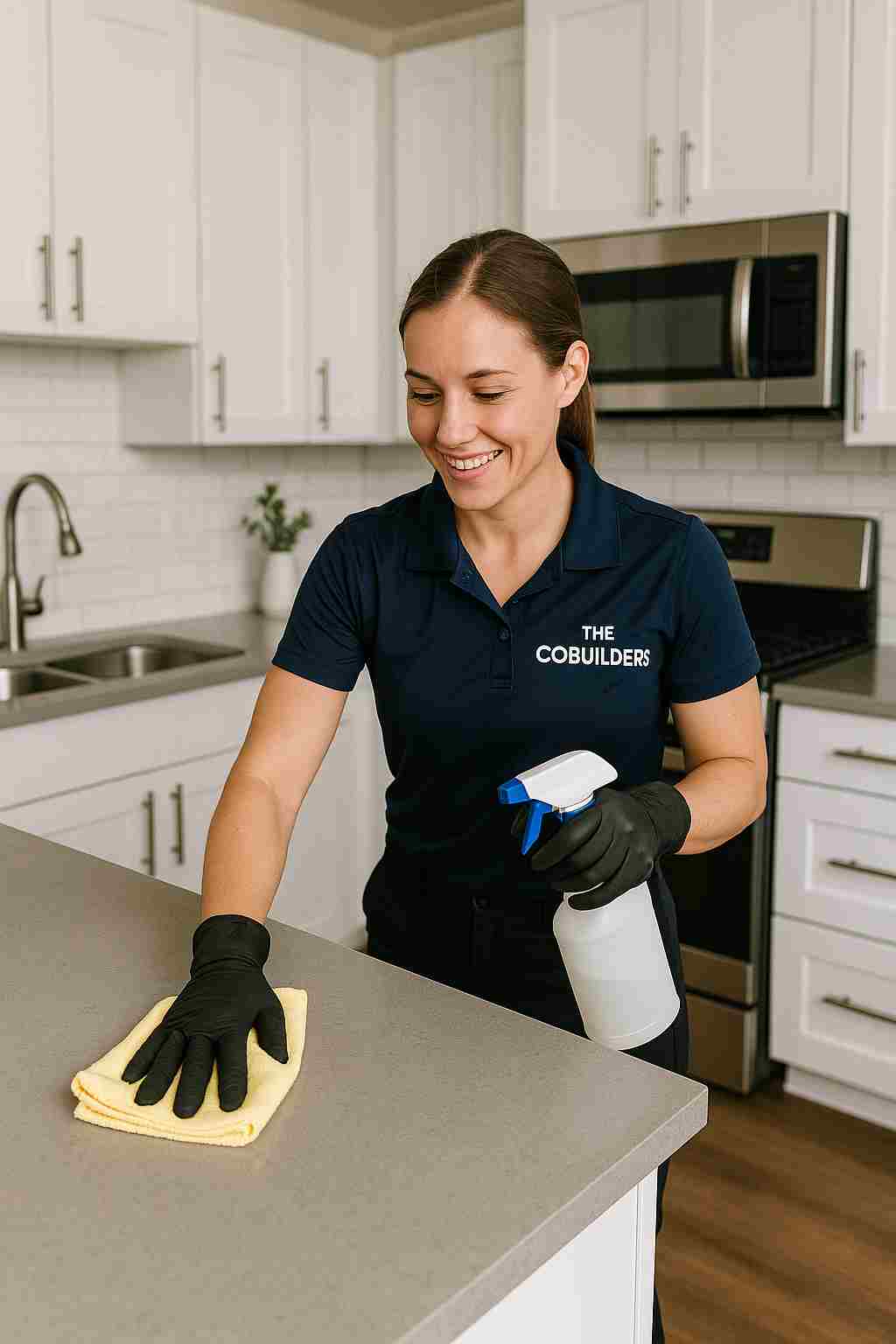 Professional house cleaner with "The CoBuilders" label on their uniform, wiping down kitchen counters during a full house cleaning service