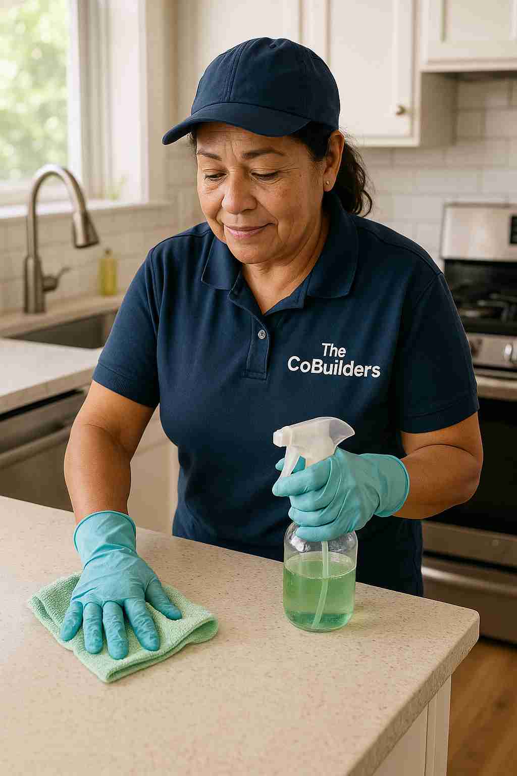 Trusted cleaning lady with "The CoBuilders" label on their uniform wiping kitchen counter during eco-friendly home cleaning service