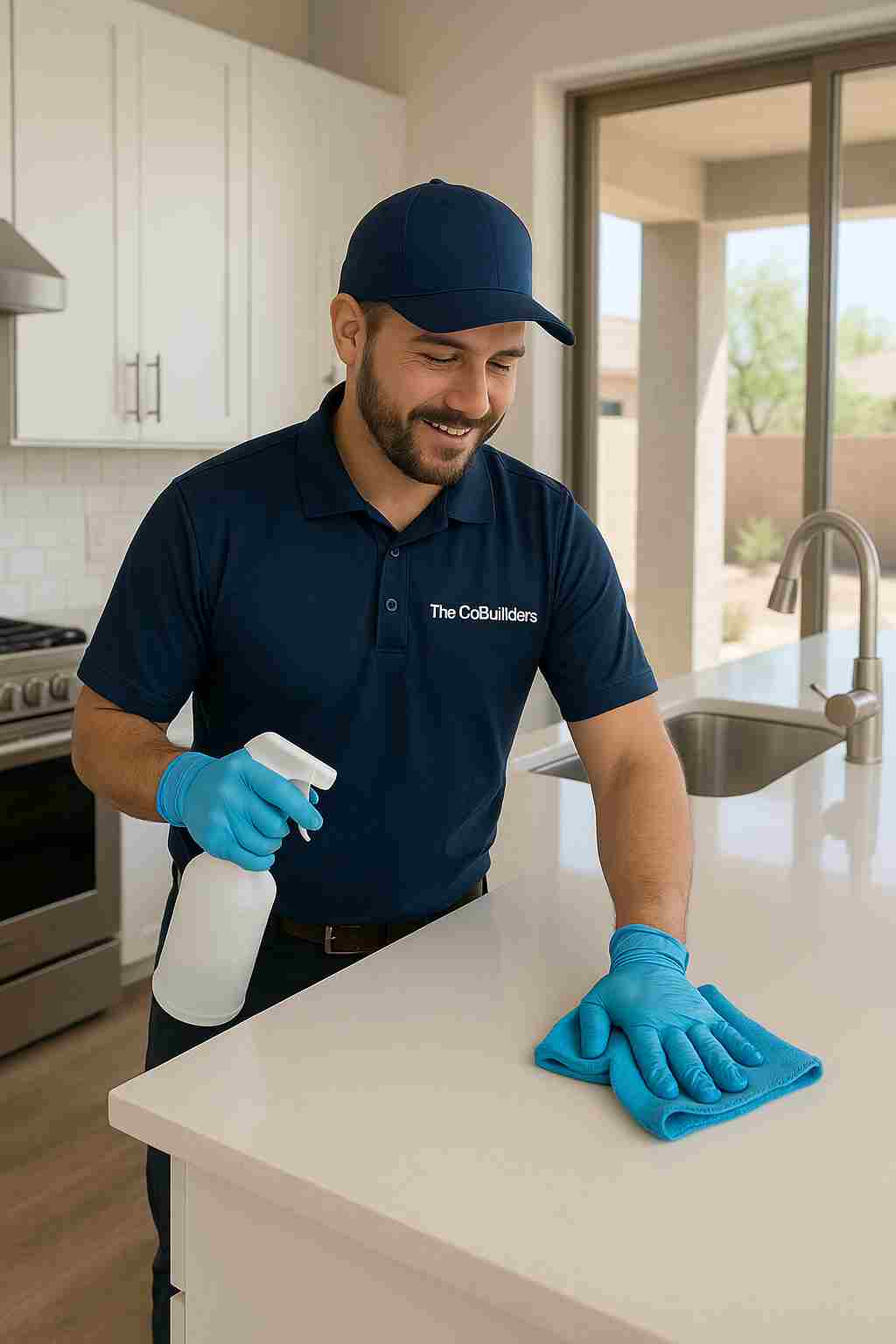 Male professional house cleaner with "The CoBuilders" label on their uniform, in Phoenix AZ wiping down kitchen counters in a modern home