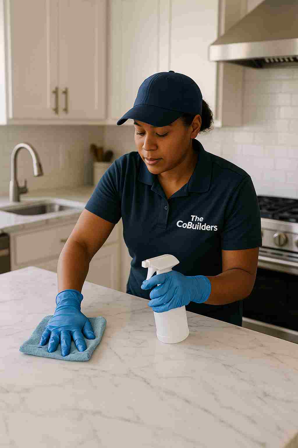 Professional cleaner with "The CoBuilders" label on their uniform wiping down kitchen in a home in Atlanta Georgia