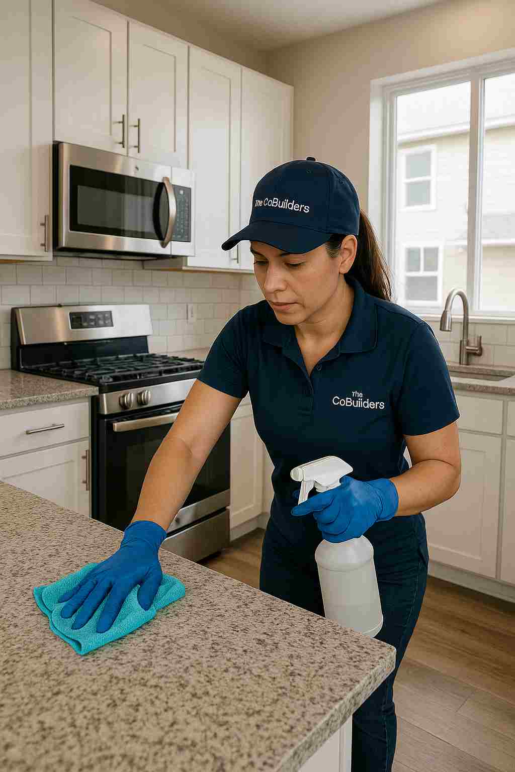 Professional cleaner with "The CoBuilders" label on their uniform wiping down empty kitchen during move out house cleaning in Denver Colorado