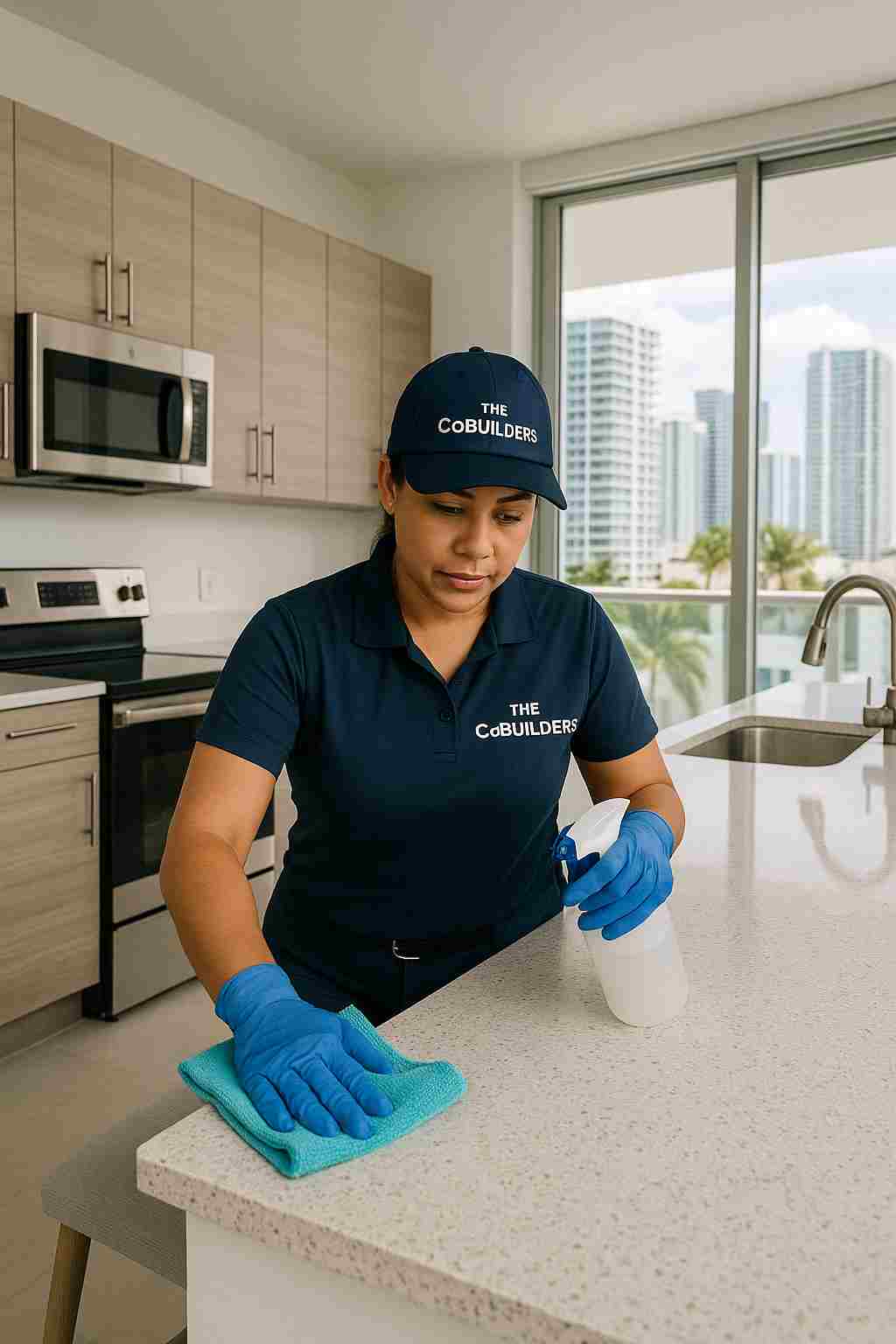 Professional home cleaner with "The CoBuilders" label on their uniform wiping kitchen counter in a Miami Florida apartment