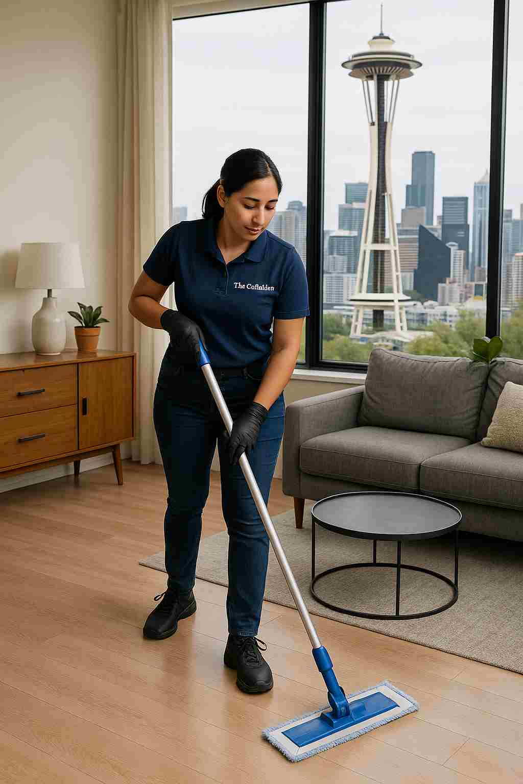 Professional cleaner with "The CoBuilders" label on their uniform mopping living room floor in Seattle Washington apartment