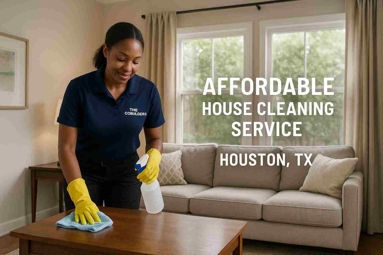 Professional cleaner with "The CoBuilders" label on their uniform, providing affordable house cleaning service in a Houston TX living room