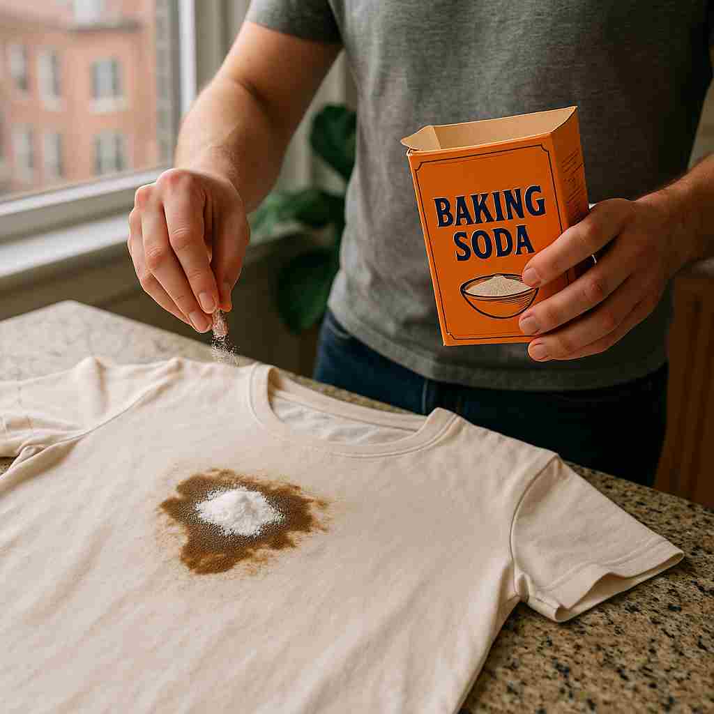 Applying baking soda to a grease stain on a shirt at home in Chicago