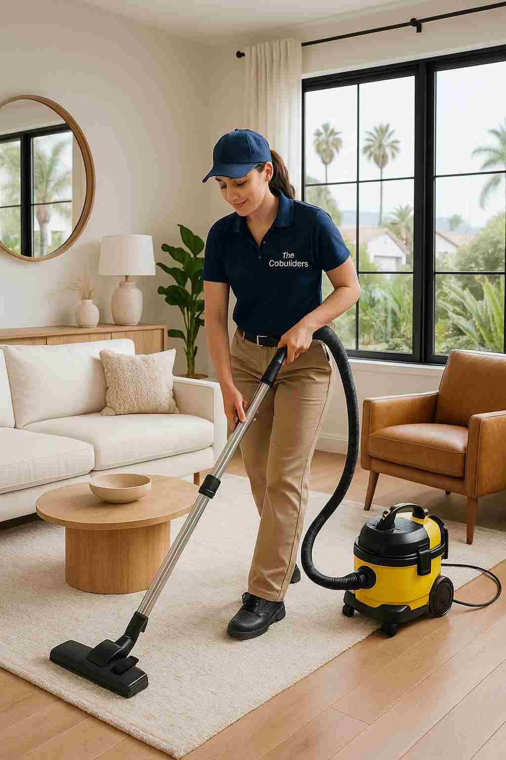 Professional cleaning lady with "The CoBuilders" label on their uniform, vacuuming a stylish living room in San Diego California