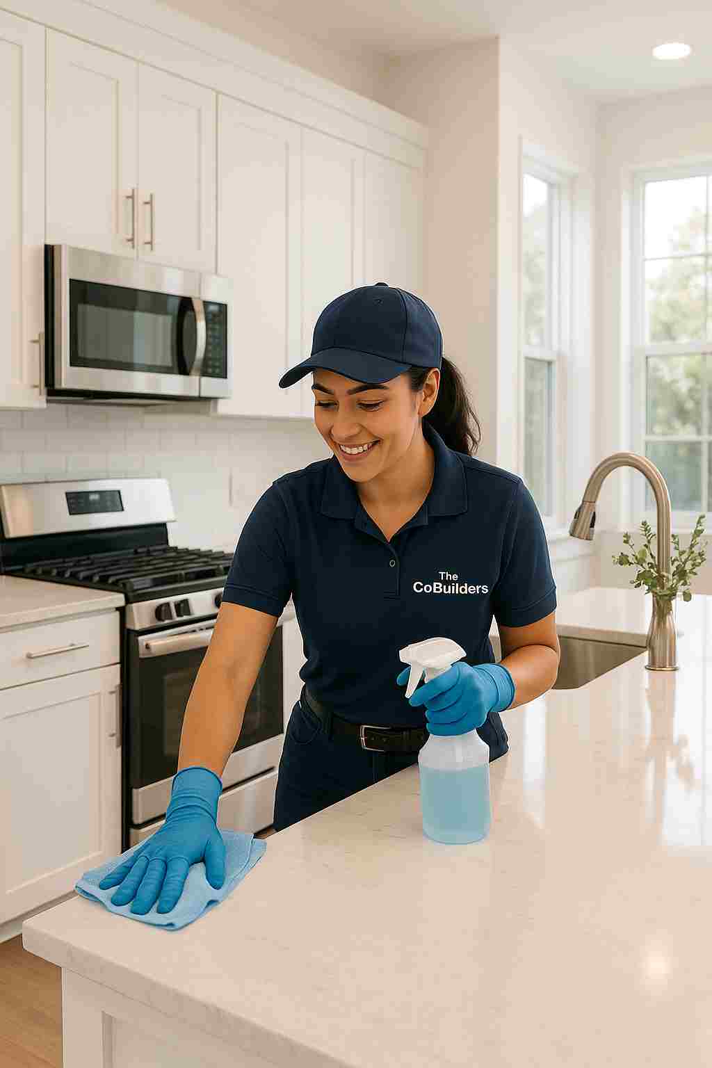 Professional home cleaner with "The CoBuilders" label on their uniform, wiping down a bright modern kitchen in Dallas Texas