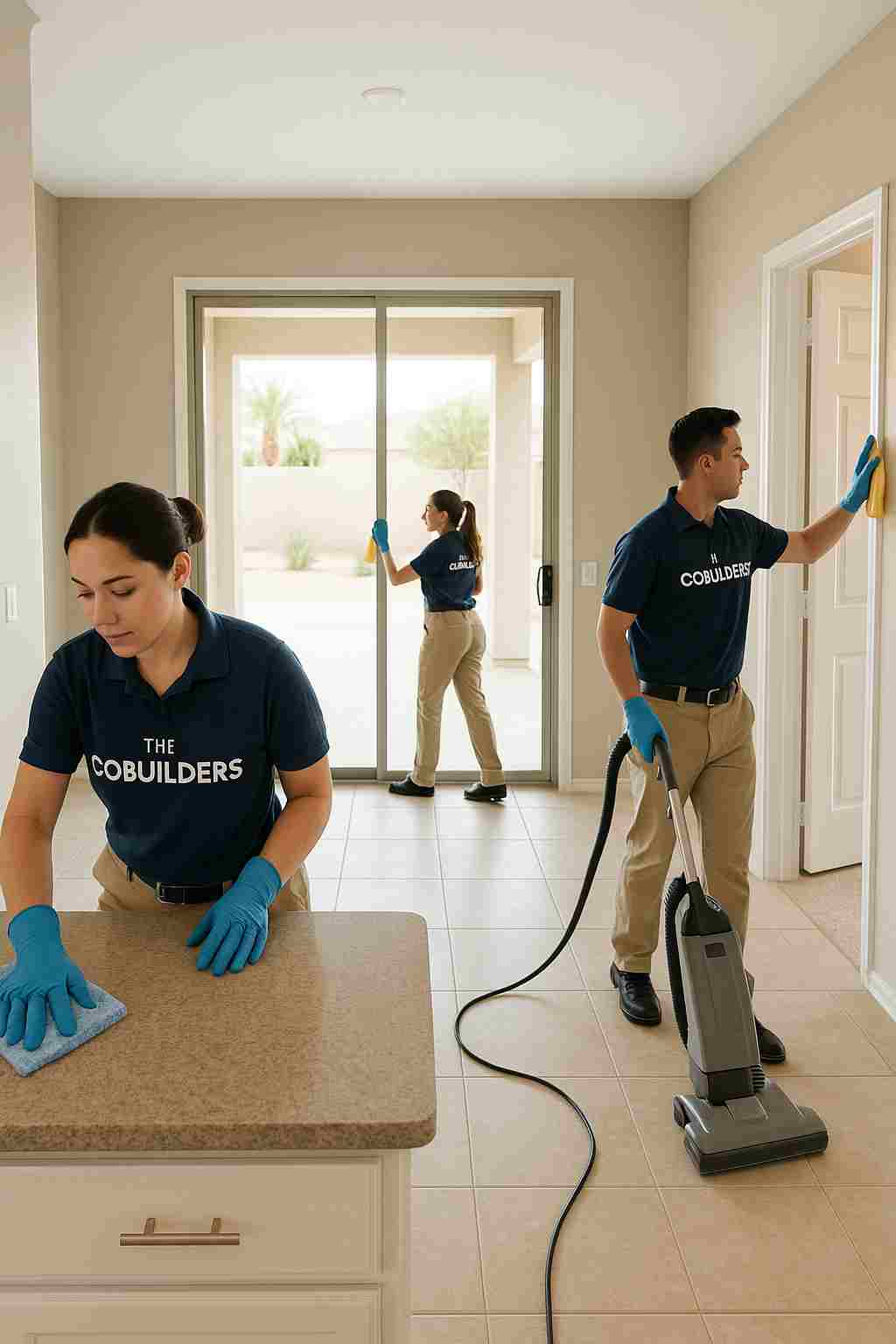 Professional house cleaners with "The CoBuilders" label on their uniforms, performing move-out cleaning in an empty Phoenix home