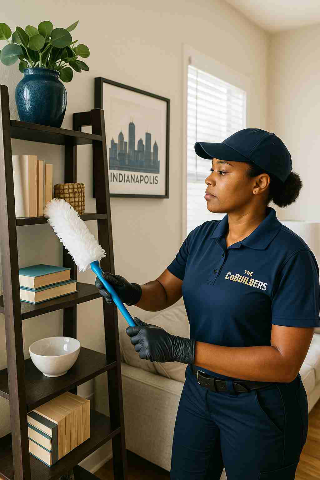 Professional cleaner with "The CoBuilders" label on their uniform dusting a bookshelf in an Indianapolis Indiana living room