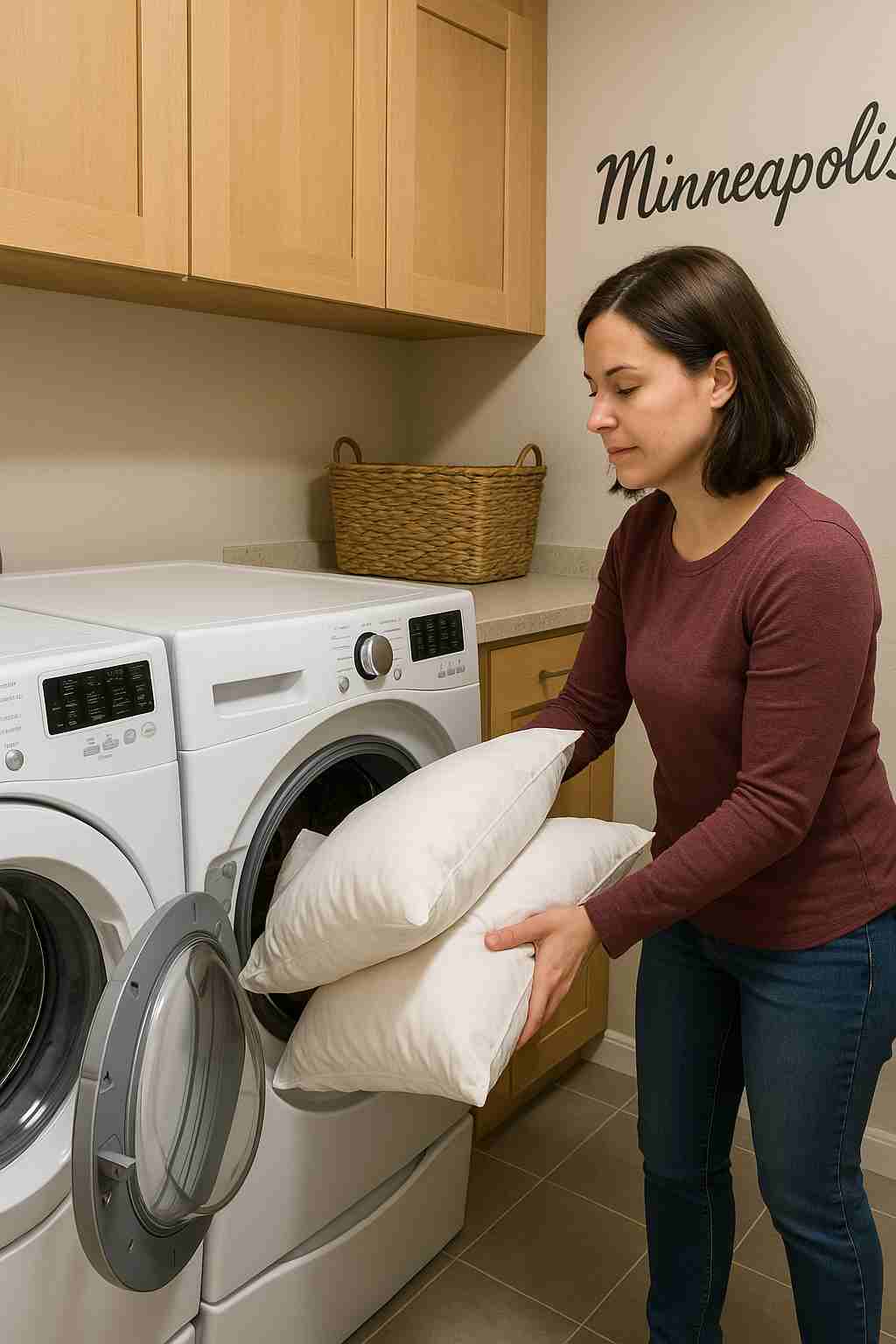 Person loading pillows into a washing machine in a Minneapolis home laundry room