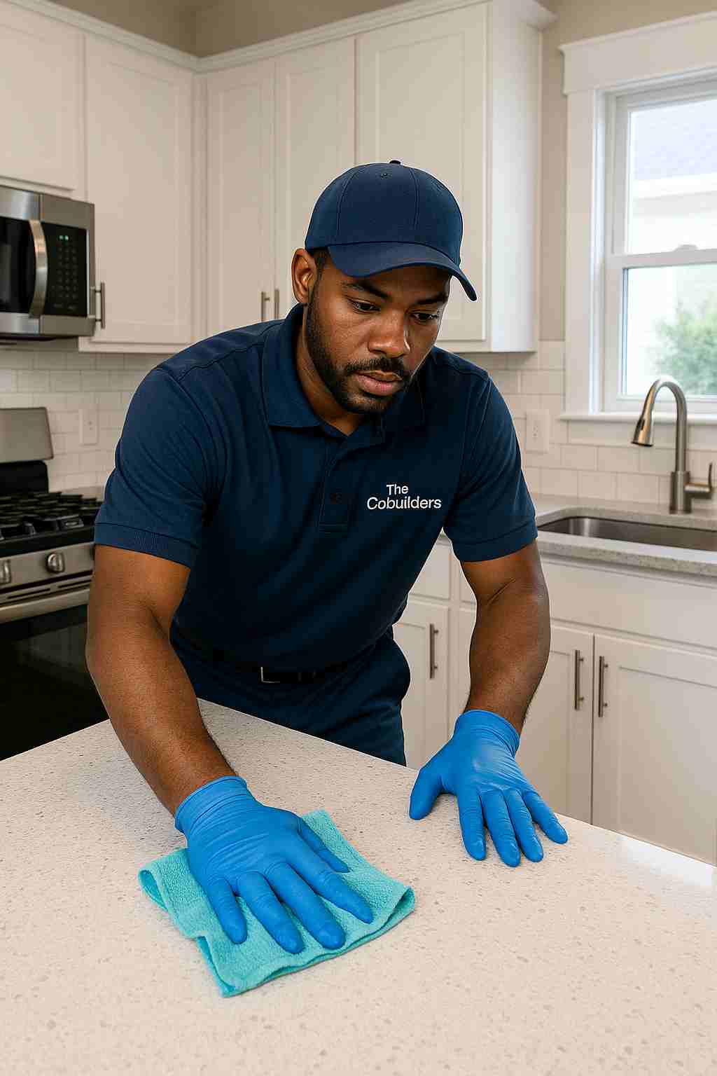 Professional house cleaner with "The CoBuilders" label on his uniform wiping kitchen counter in an Atlanta GA home
