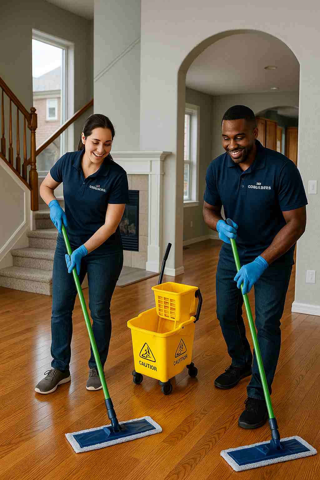 Professional house cleaners with "The CoBuilders" label on their uniform mopping hardwood floors in a Denver Colorado home