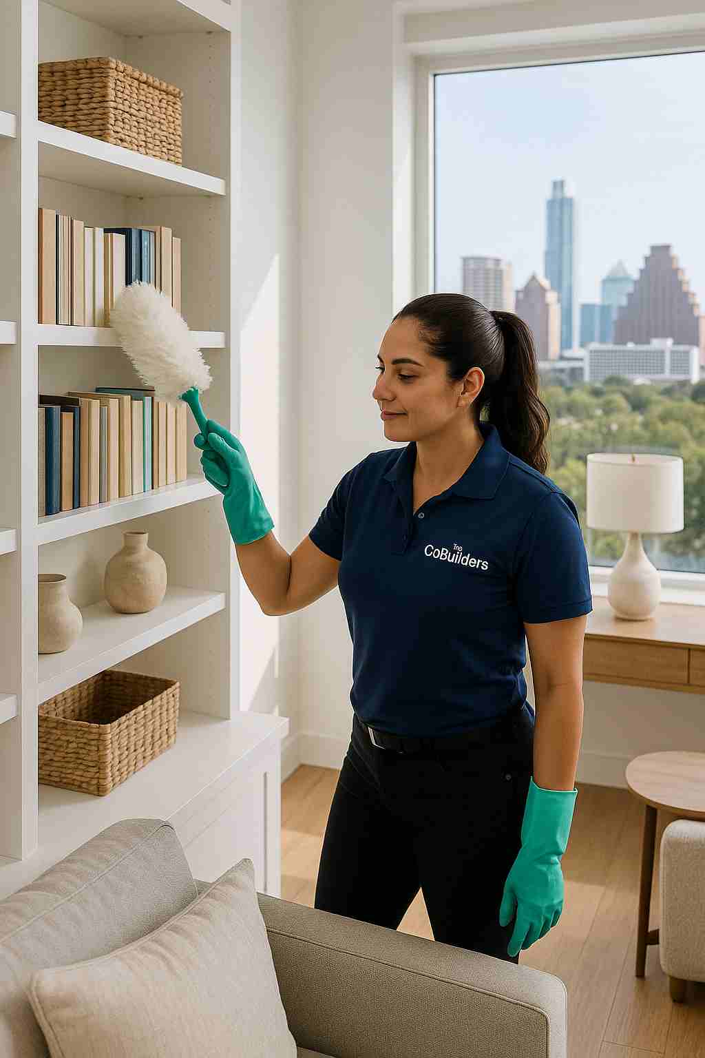 Professional cleaner with "The CoBuilders" label on her uniform dusting bookshelves in a bright modern Austin Texas living room