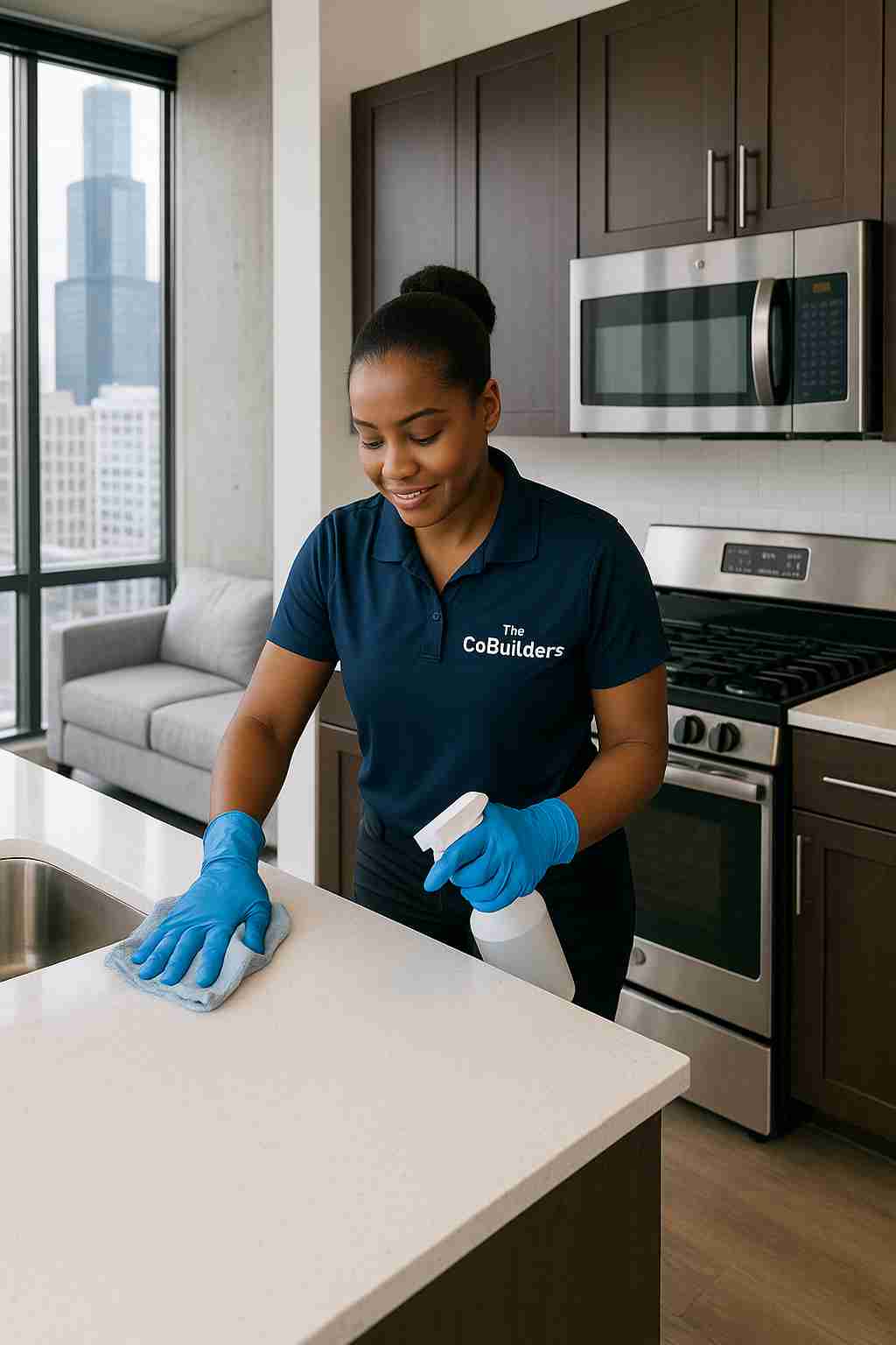 Home cleaner with "The CoBuilders" label on their uniform wiping kitchen surfaces in a modern Chicago apartment