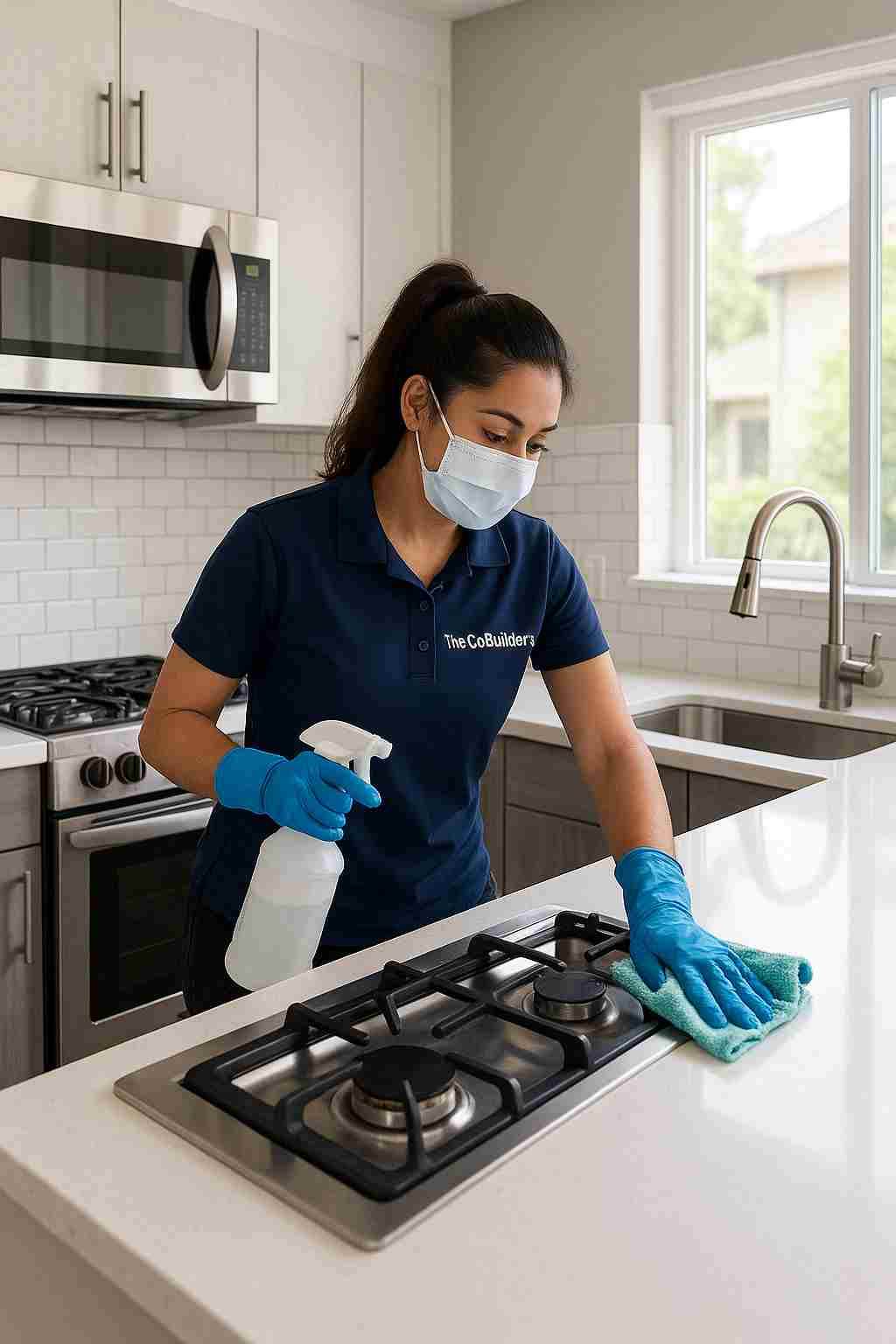 Professional house cleaner with "The CoBuilders" label on their uniform deep cleaning a modern kitchen in San Jose California