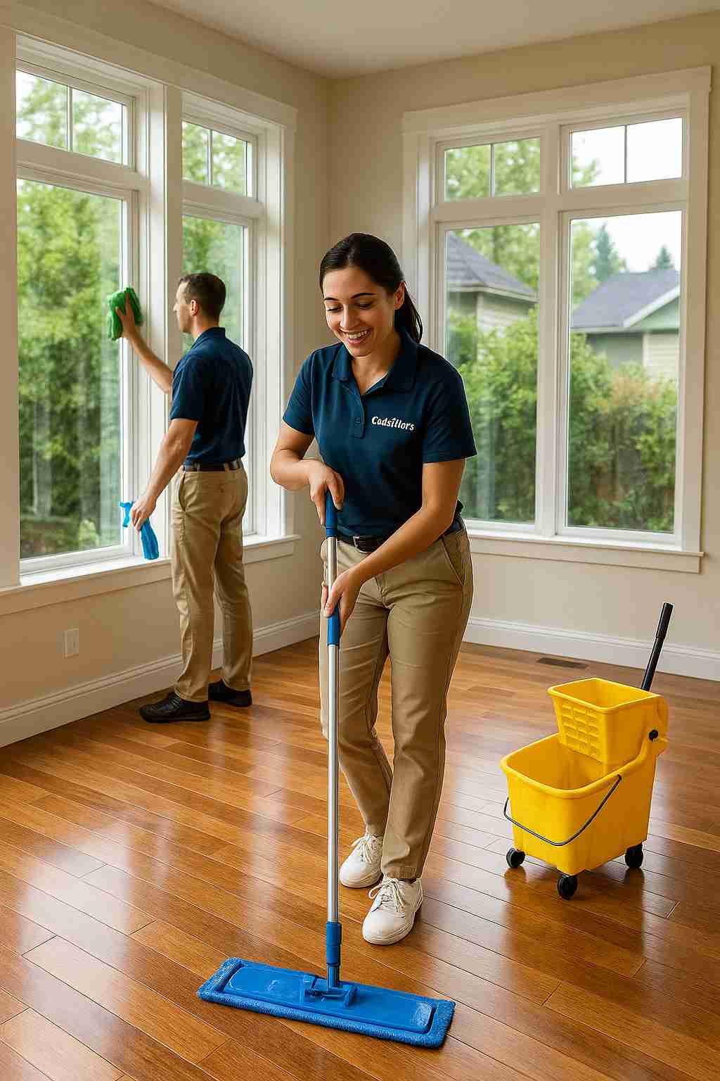 House cleaners with "The CoBuilders" label on their uniform mopping a hardwood floor in a Portland Oregon home with large windows and natural light