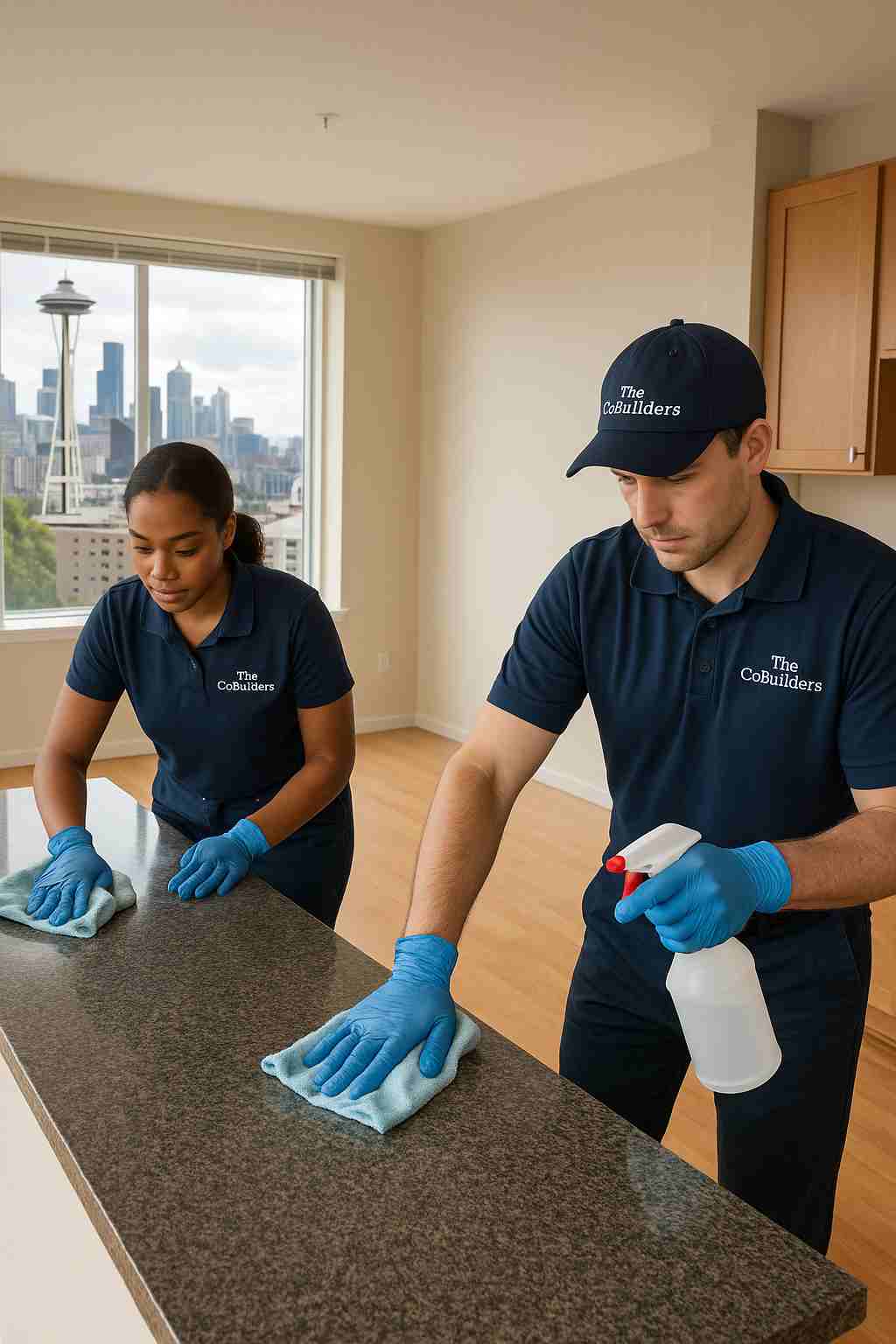 Two professional cleaners with "The CoBuilders" label on their uniform wiping down countertops in an empty Seattle apartment during a move-out cleaning