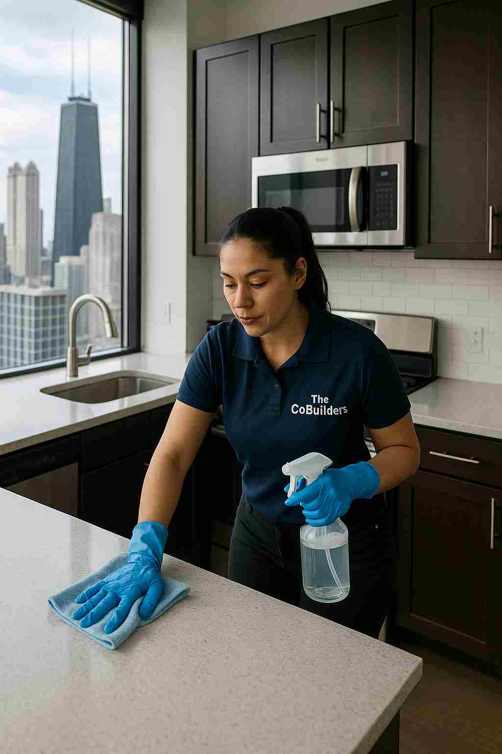 Professional house cleaner with "The CoBuilders" label on their uniform tidying a modern kitchen in a Chicago apartment