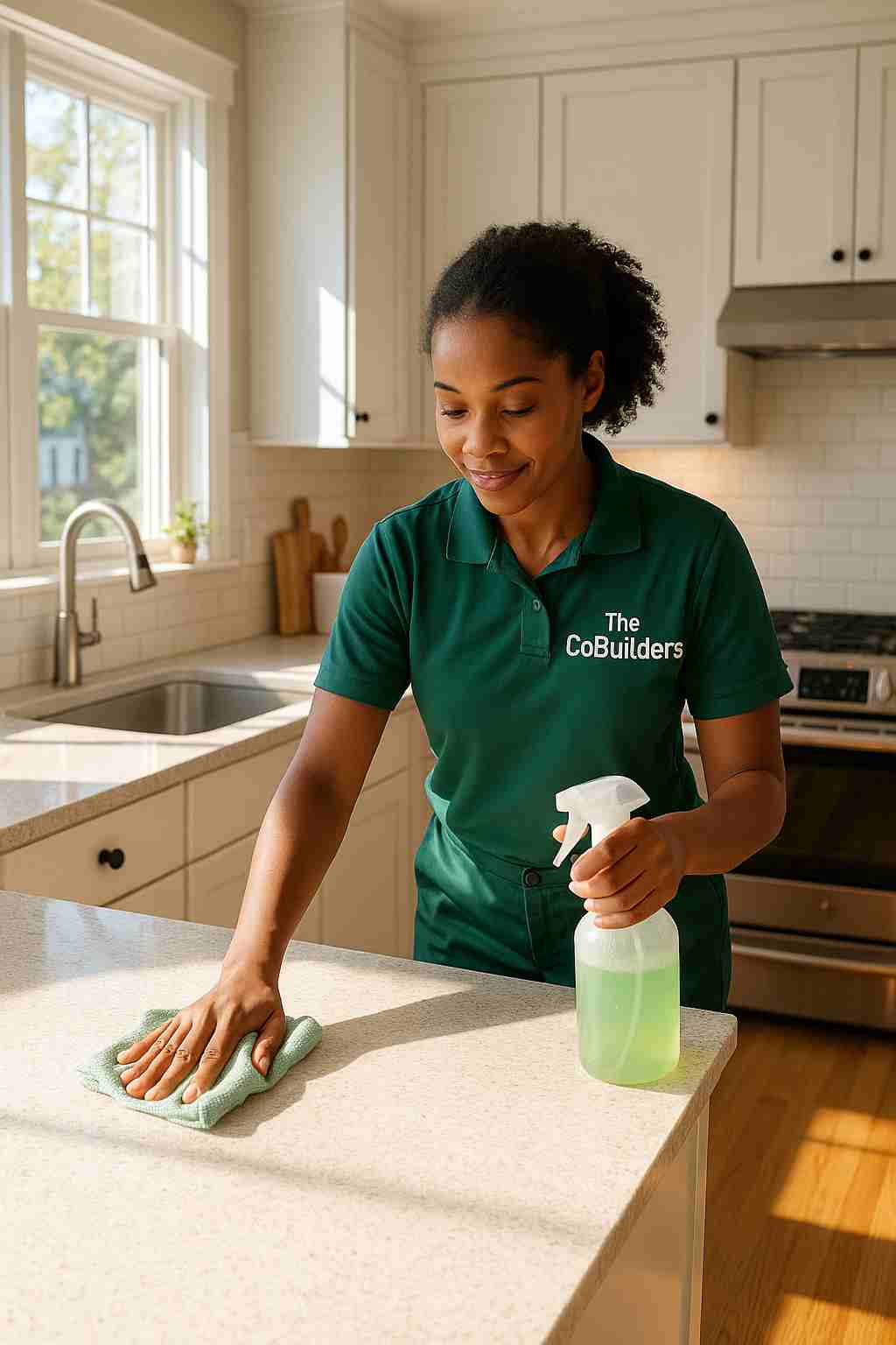 Eco-friendly home cleaner with "The CoBuilders" label on their uniform wiping down counters in a sunny Charlotte NC kitchen