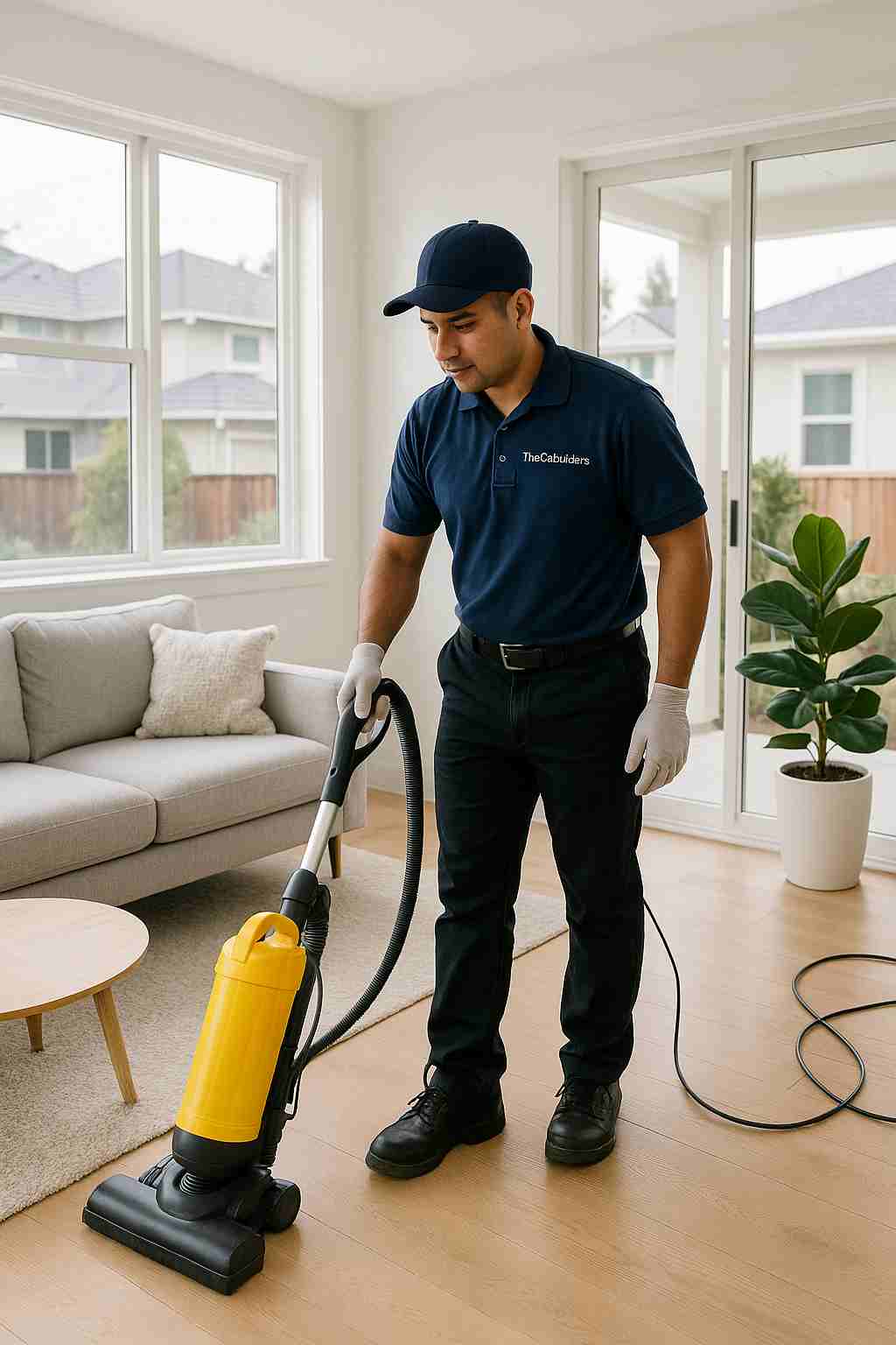 Professional cleaner with "The CoBuilders" label on their uniform vacuuming a bright living room in a modern San Jose home