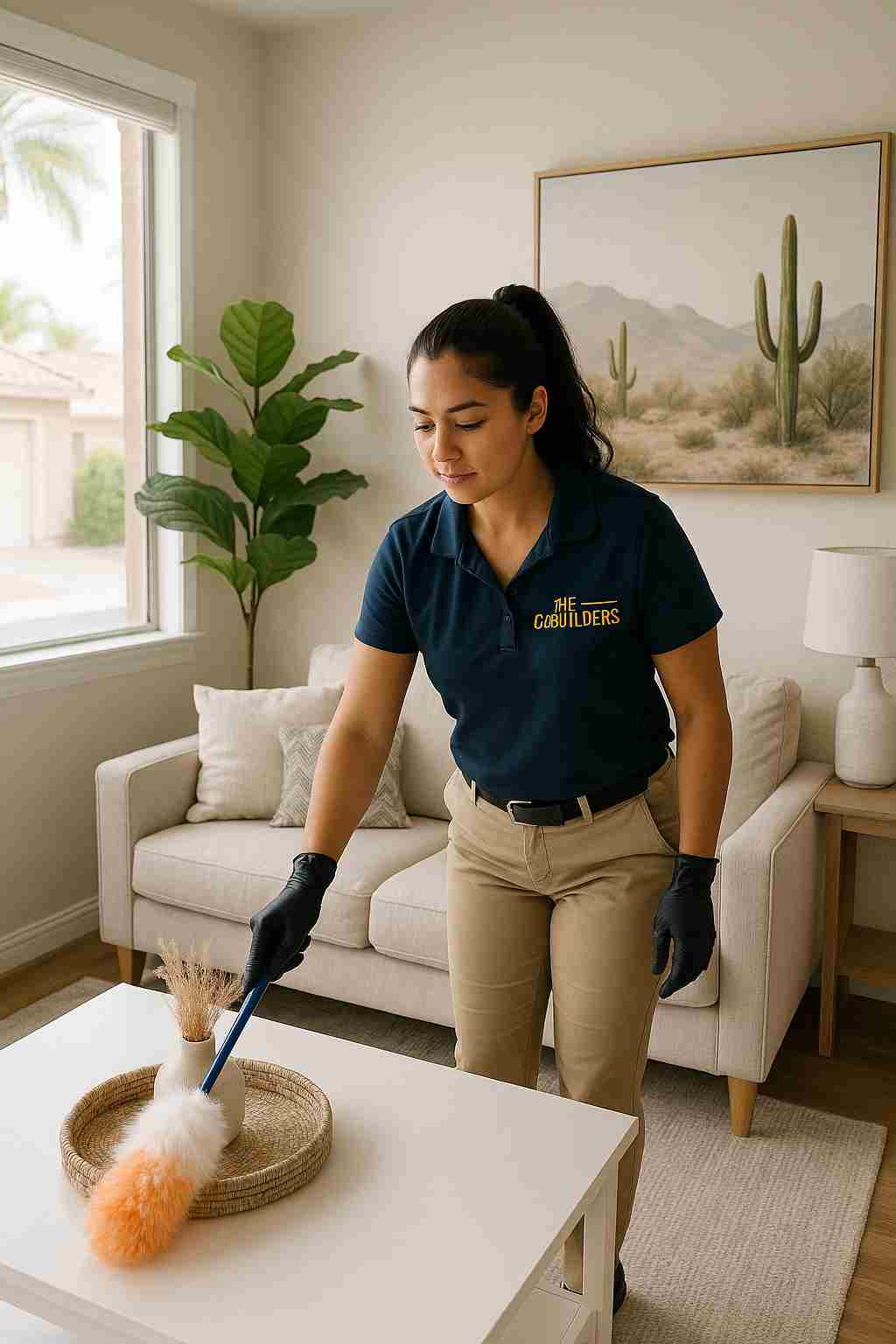 Professional house cleaner with "The CoBuilders" label on their uniform dusting a bright living room in a Phoenix, AZ home