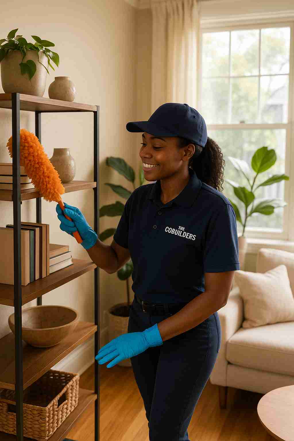 Professional home cleaner with "The CoBuilders" label on their uniform dusting shelves in a sunlit Atlanta GA living room