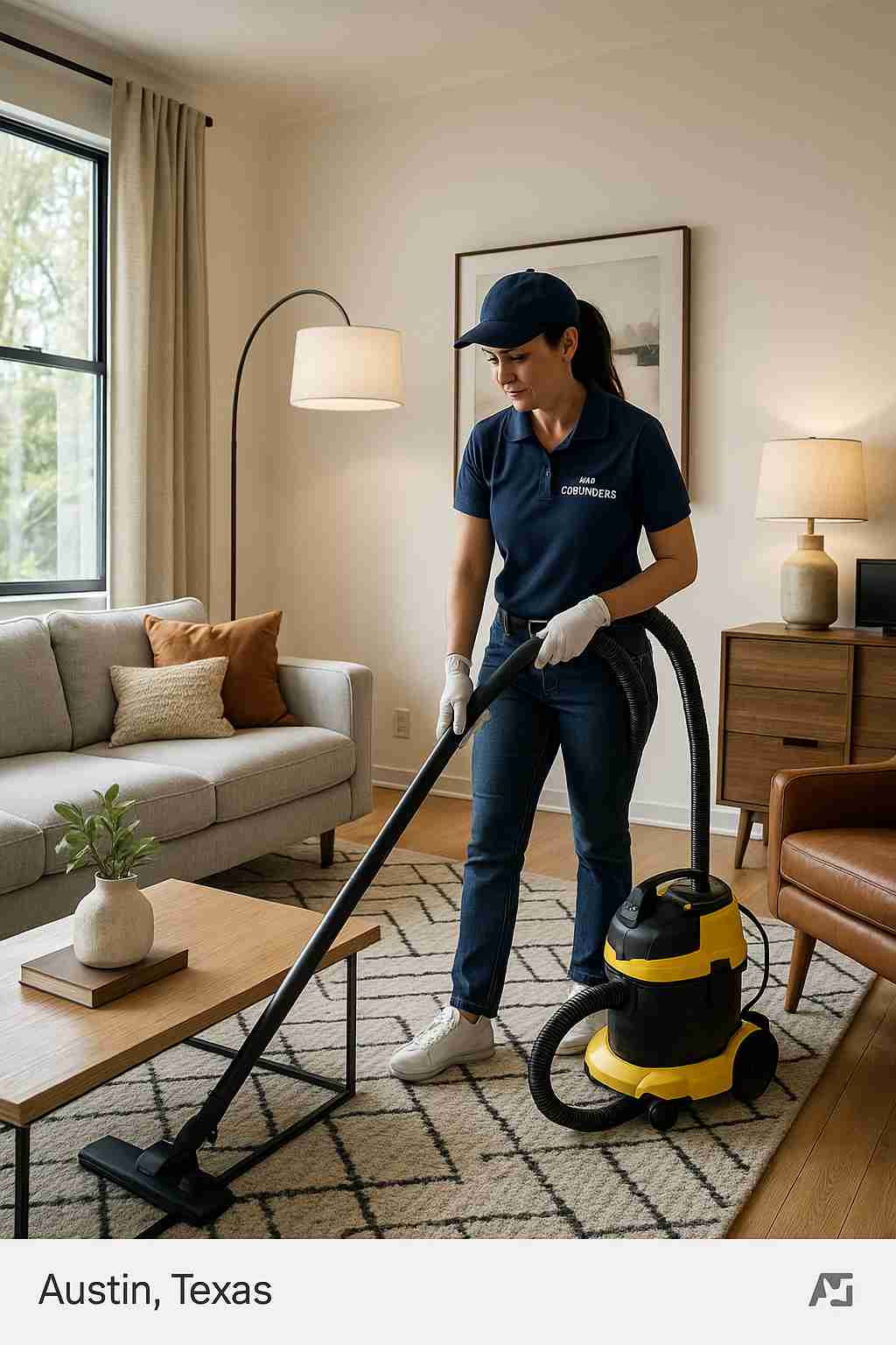 Professional home cleaner with "The CoBuilders" label on their uniform vacuuming a stylish living room in Austin, Texas