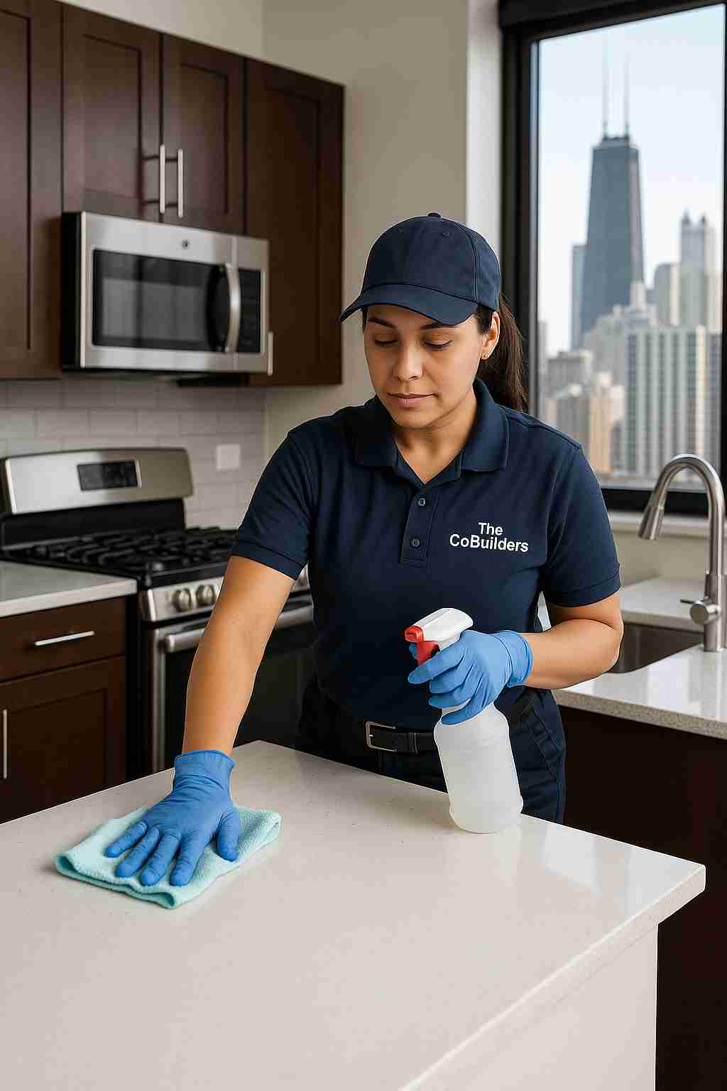 Professional cleaner wiping with "The CoBuilders" label on their uniform down kitchen counters in a Chicago apartment