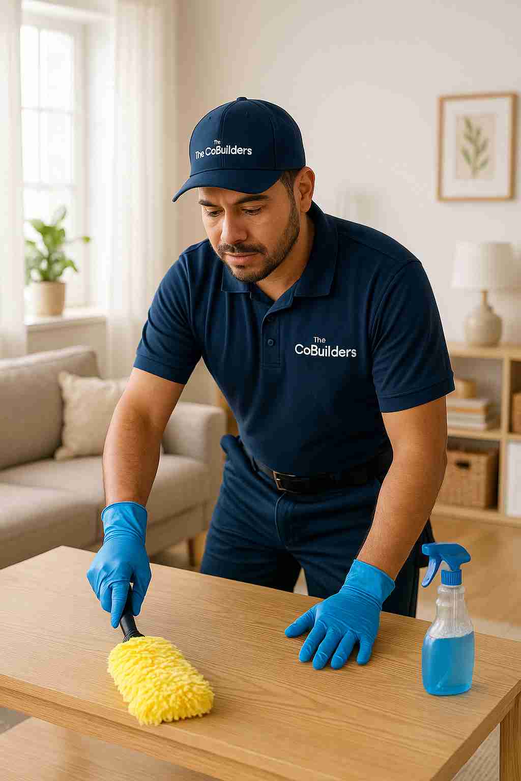 Professional male hispanic cleaner with "The CoBuilders" label on their uniform dusting a living room table in a bright and organized home