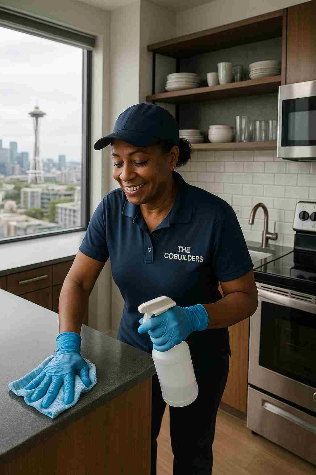 Professional move-out house cleaner with "The CoBuilders" label on their uniform, wiping kitchen counters in a modern Seattle apartment