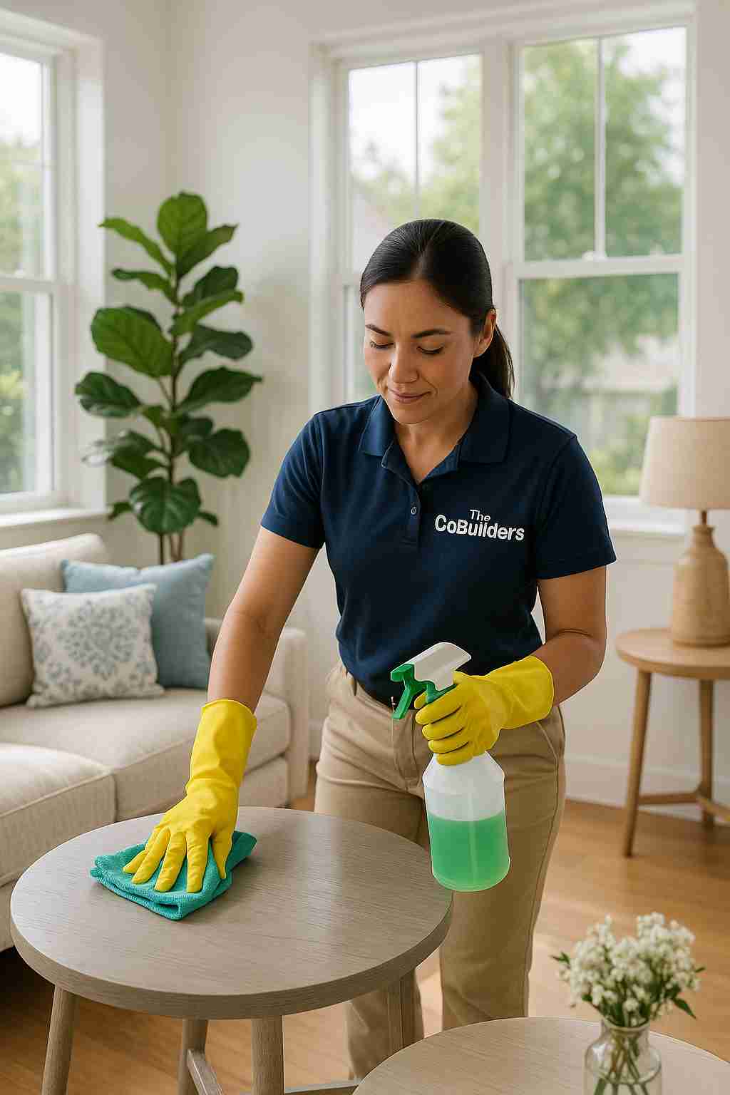 Professional maid with "The CoBuilders" on their uniform cleaning a bright Dallas living room with eco-friendly products