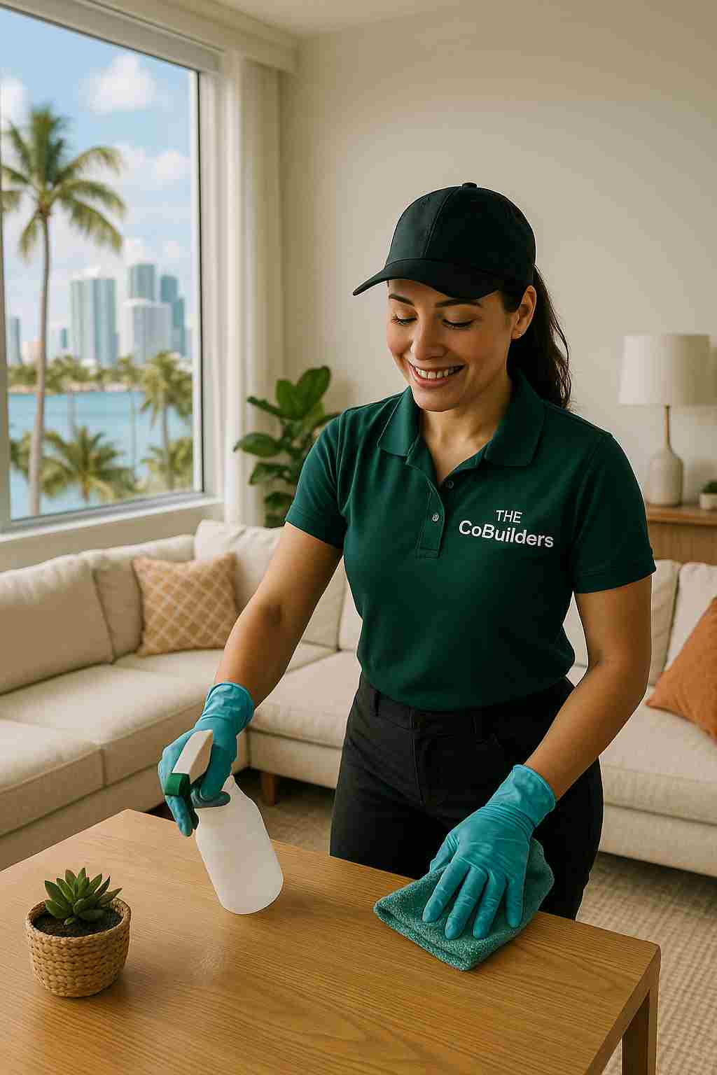 Professional maid with "The CoBuilders" label on their uniform, providing eco-friendly home cleaning service in a Miami living room