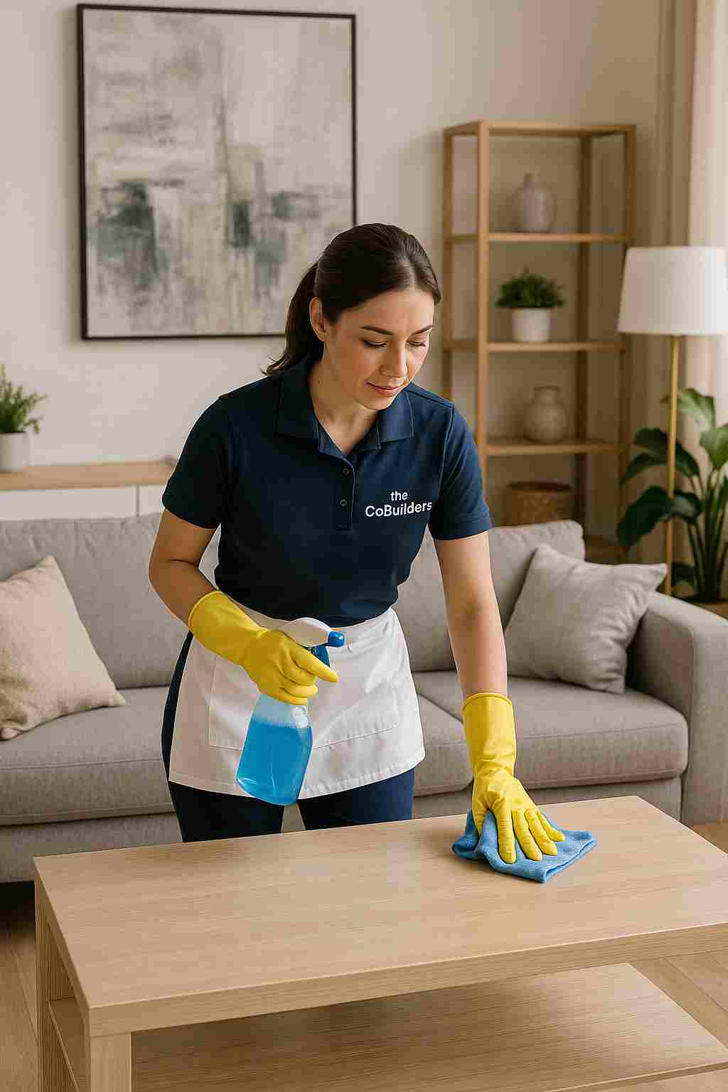 Professional maid with "The CoBuilders" label on their uniform, cleaning a modern living room to deliver a spotless home environment