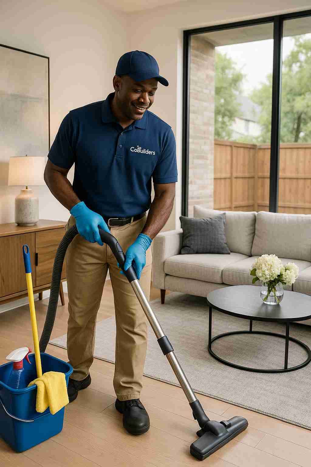 Professional cleaner with "The CoBuilders" label on their uniform, providing expert cleaning for house in Dallas, Texas, leaving a modern living room spotless.