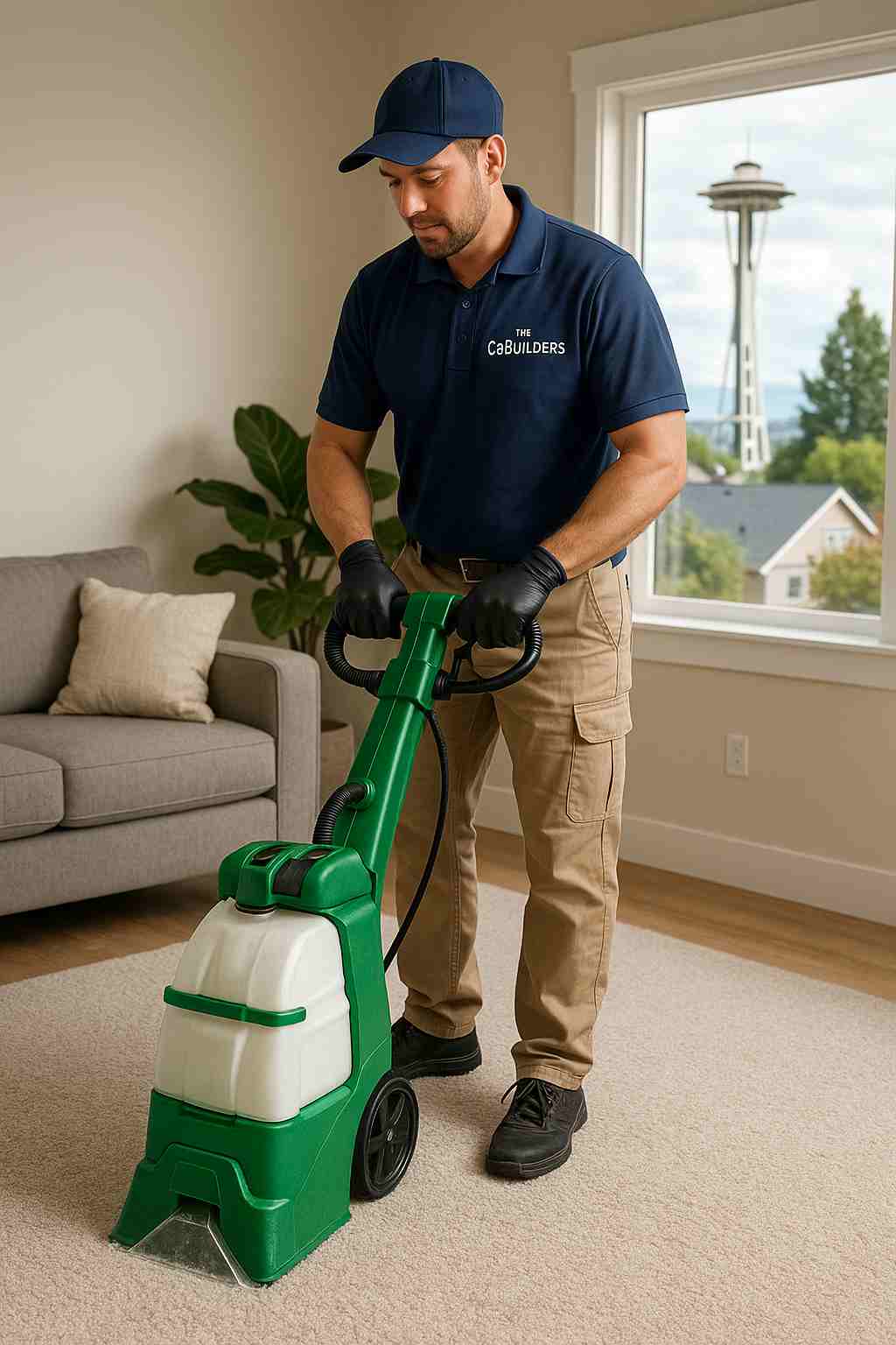 Professional cleaner with "The CoBuilders" label on their uniform using eco-friendly method for carpet cleaning in a Seattle home
