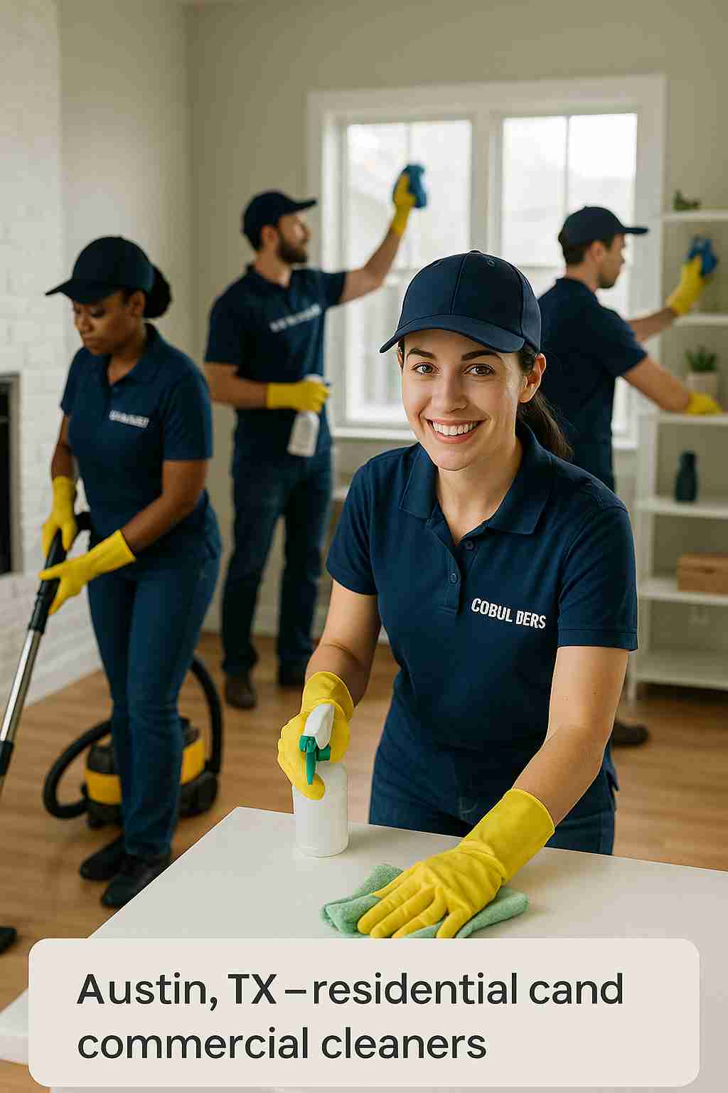 Professional cleaning service in Austin, TX — residential and commercial cleaners with "The CoBuilders" label on their uniforms for a spotless home or office.