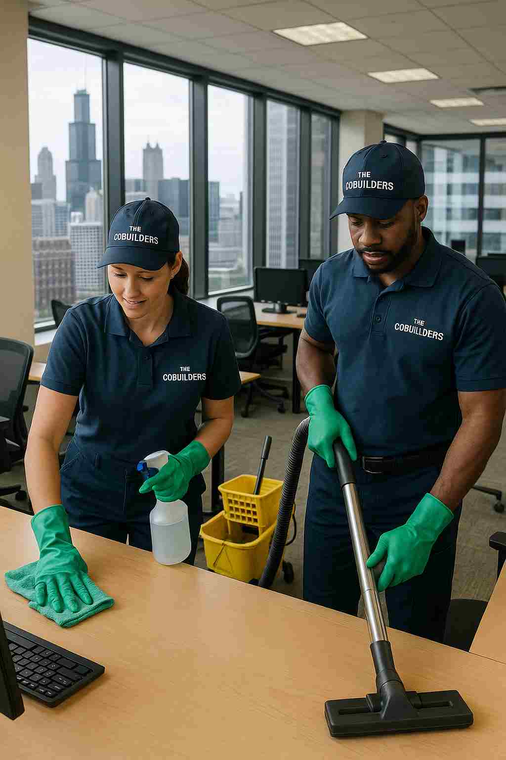 Professional business cleaning services by a professional team of janitors with "The CoBuilders" on their uniform in Chicago office space