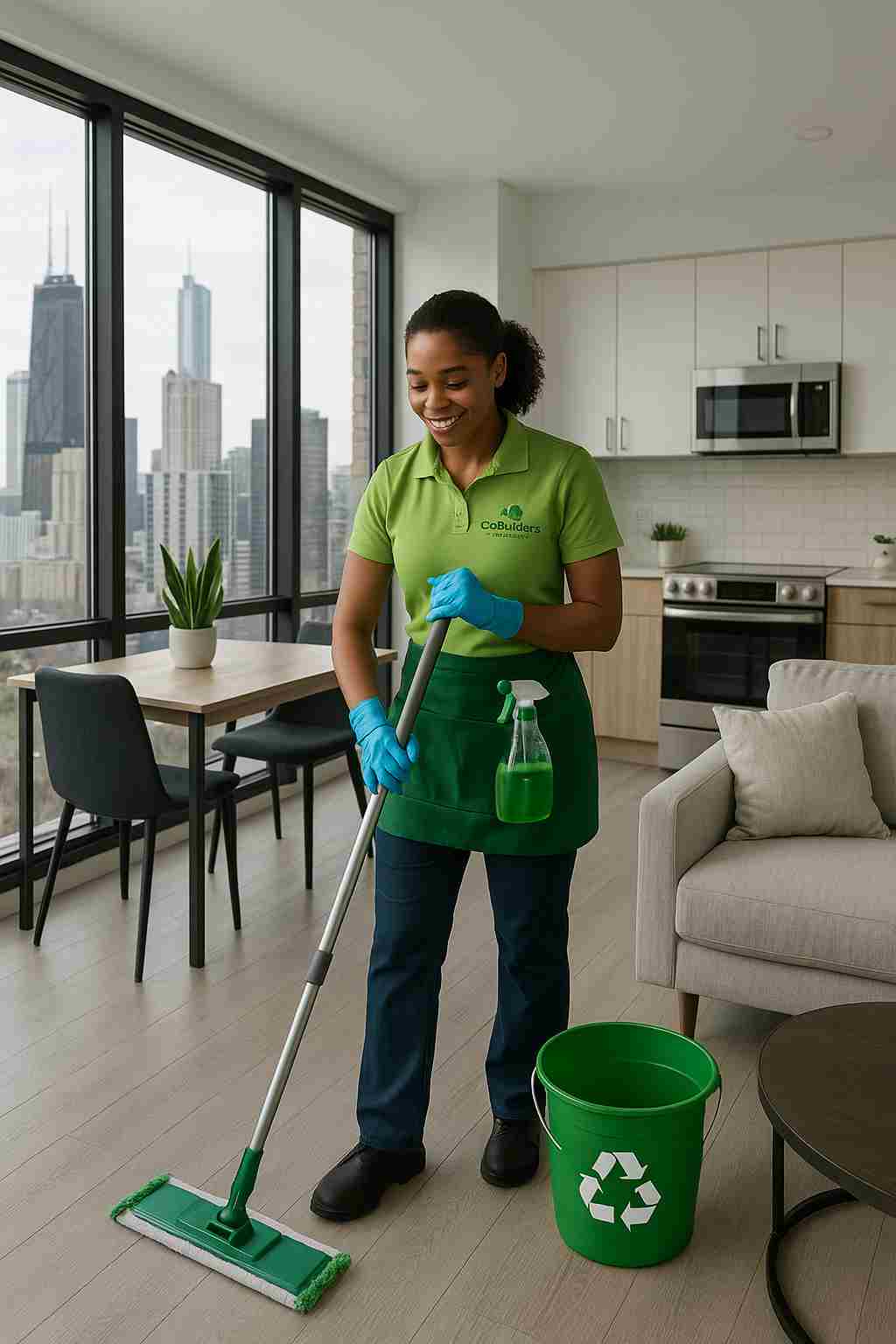 Professional cleaner providing eco-friendly cleaning services in a modern Chicago apartment