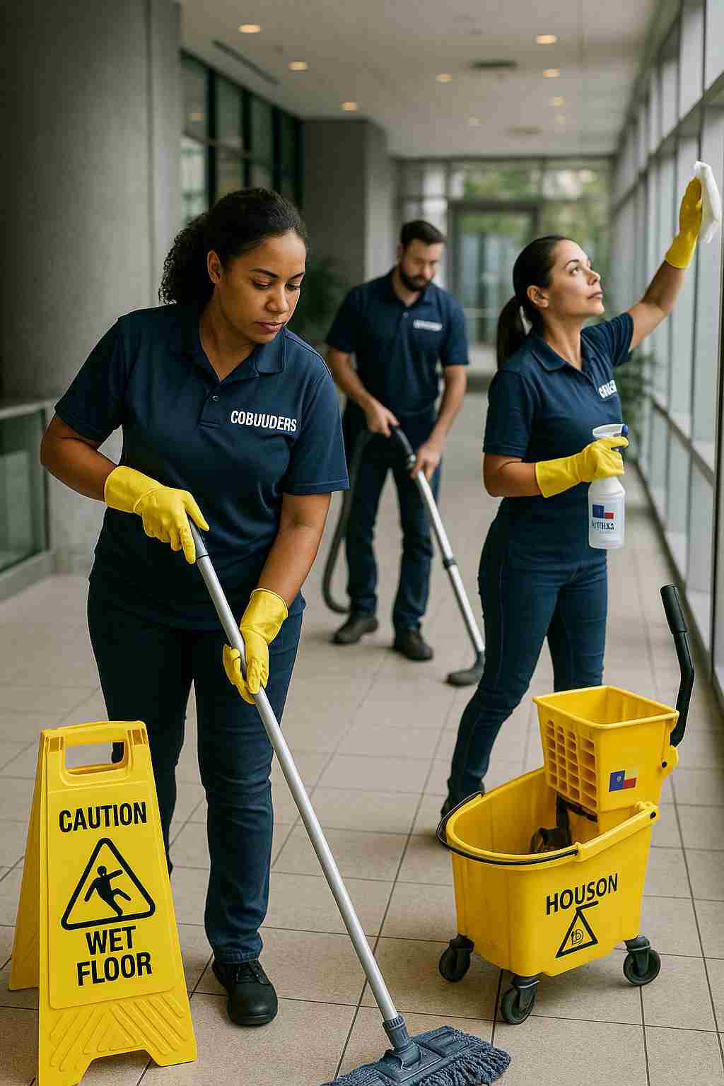 The CoBuilders commercial cleaning team working in a Houston business
