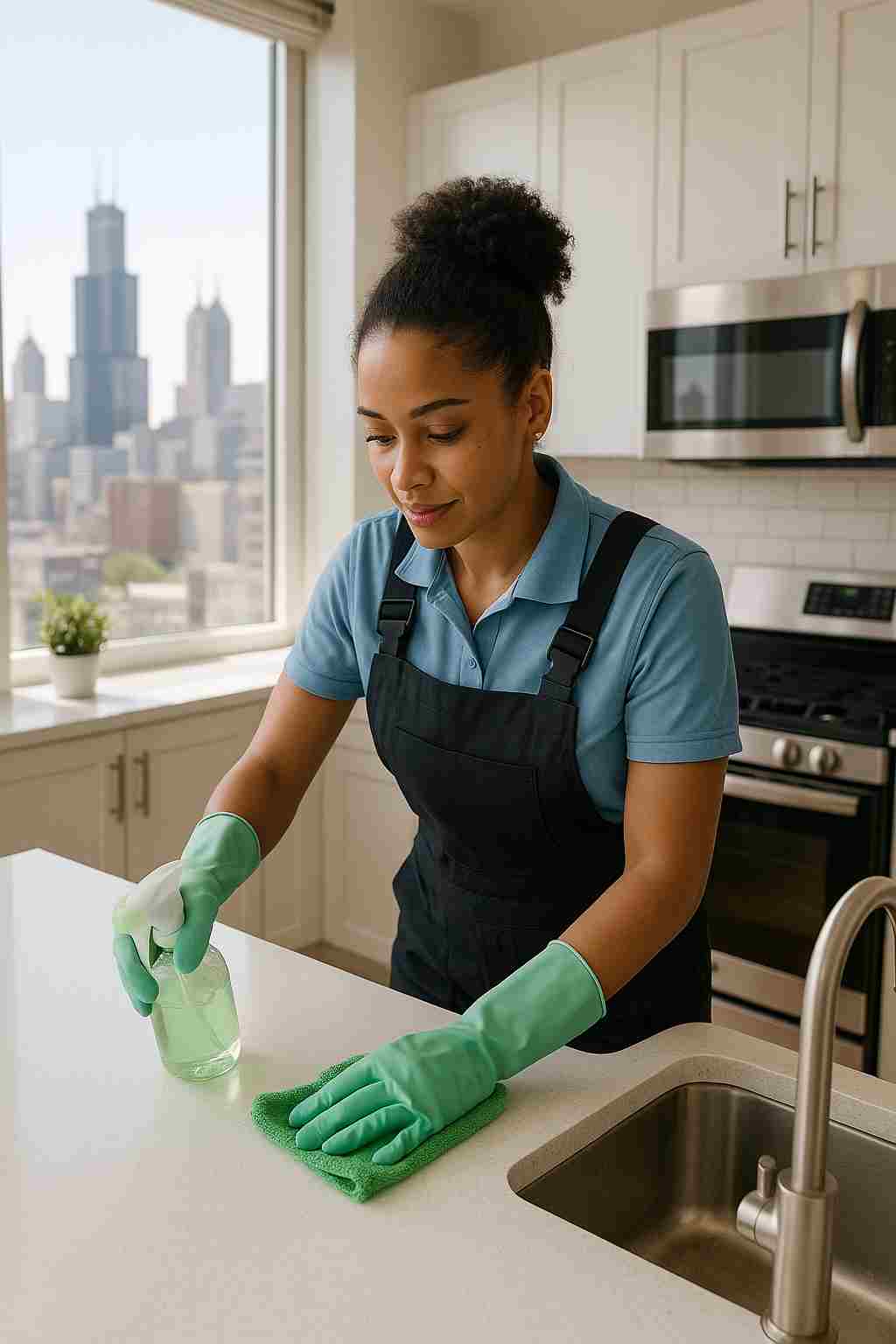 Professional cleaner wiping a kitchen counter in a bright Chicago apartment using eco-friendly products
