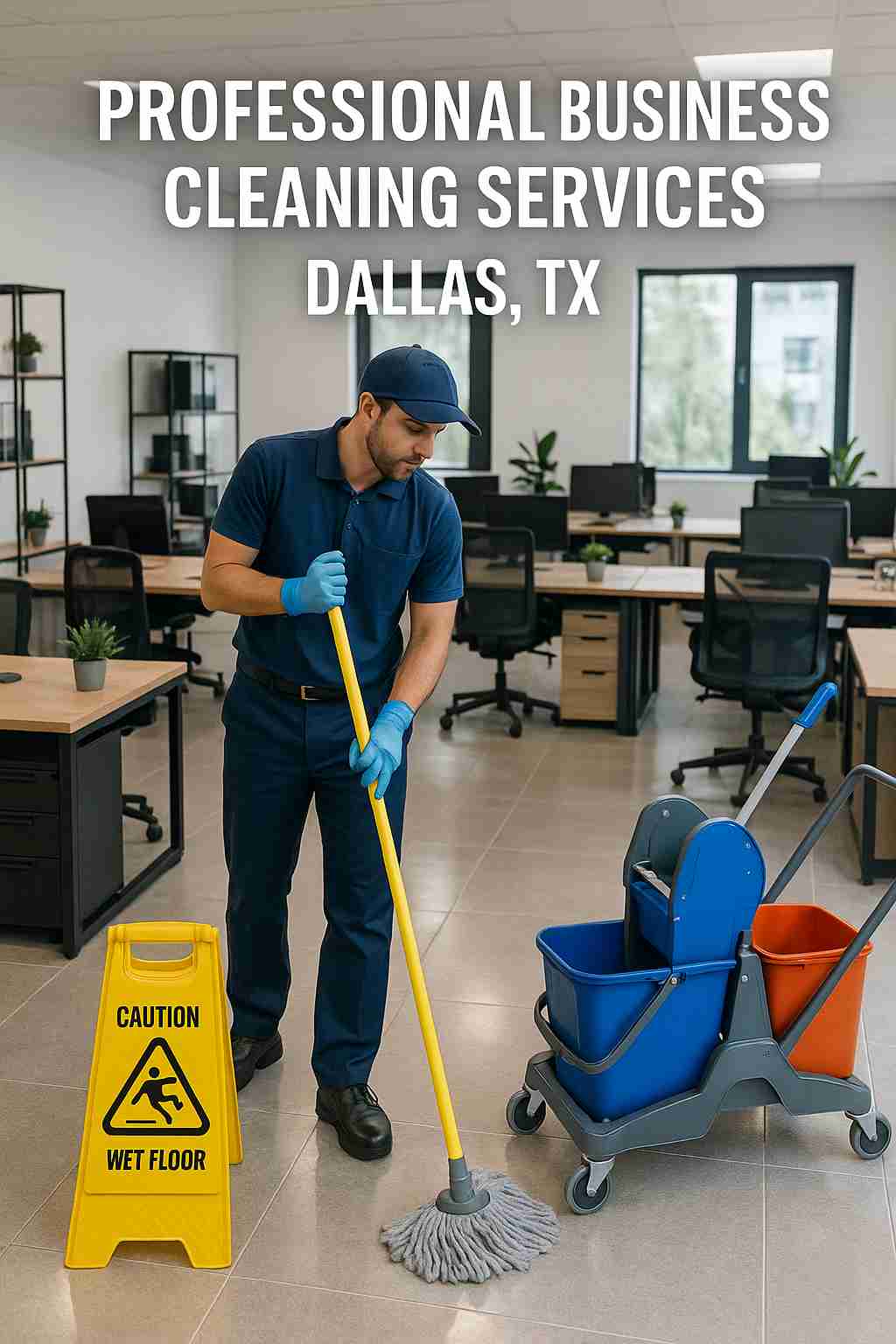 Professional business cleaning services in Dallas, TX – spotless office with polished floors and organized desks