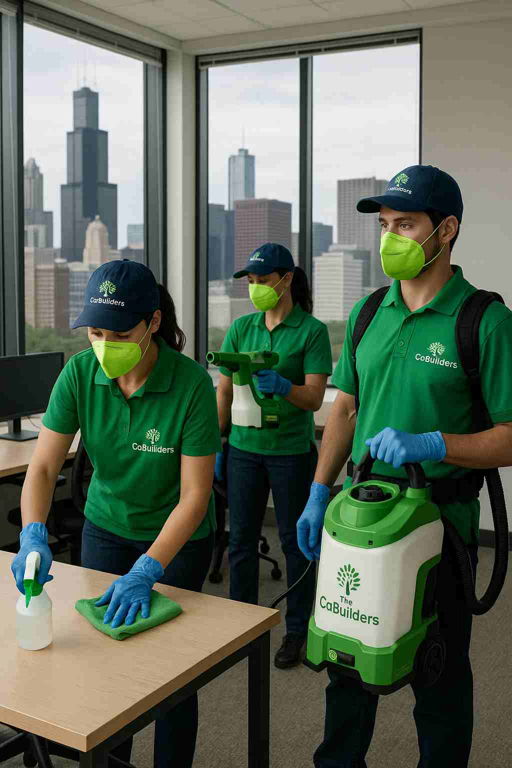 Commercial cleaning team from The CoBuilders sanitizing a Chicago office space with eco-friendly equipment.