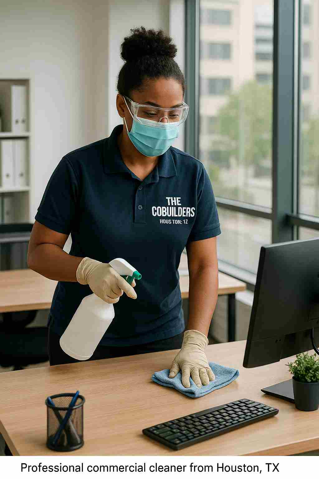 Professional commercial cleaner from The CoBuilders sanitizing an office workspace in Houston, TX