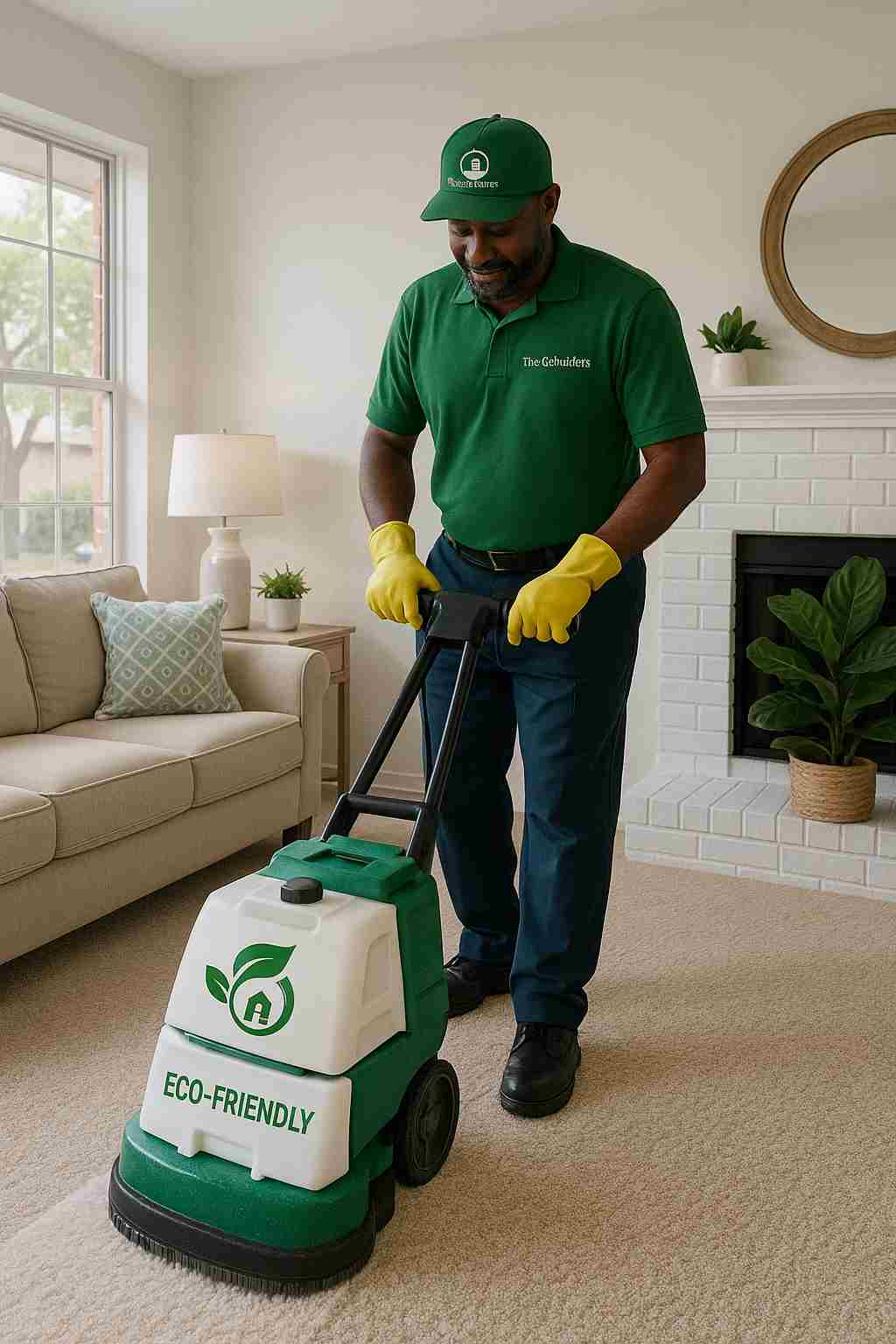 The CoBuilders technician providing eco-friendly carpet shampoo service in a Dallas, TX living room