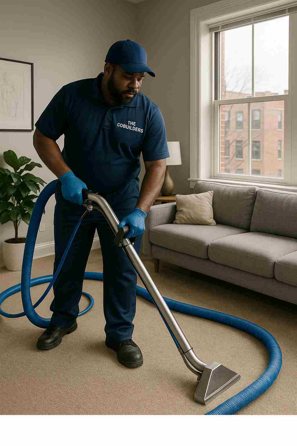 The CoBuilders janitor providing professional carpet cleaning in a Chicago living room