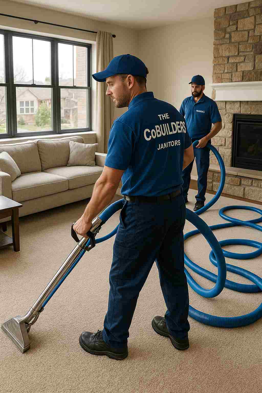 Professional carpet cleaning in a Denver living room by The CoBuilders janitors