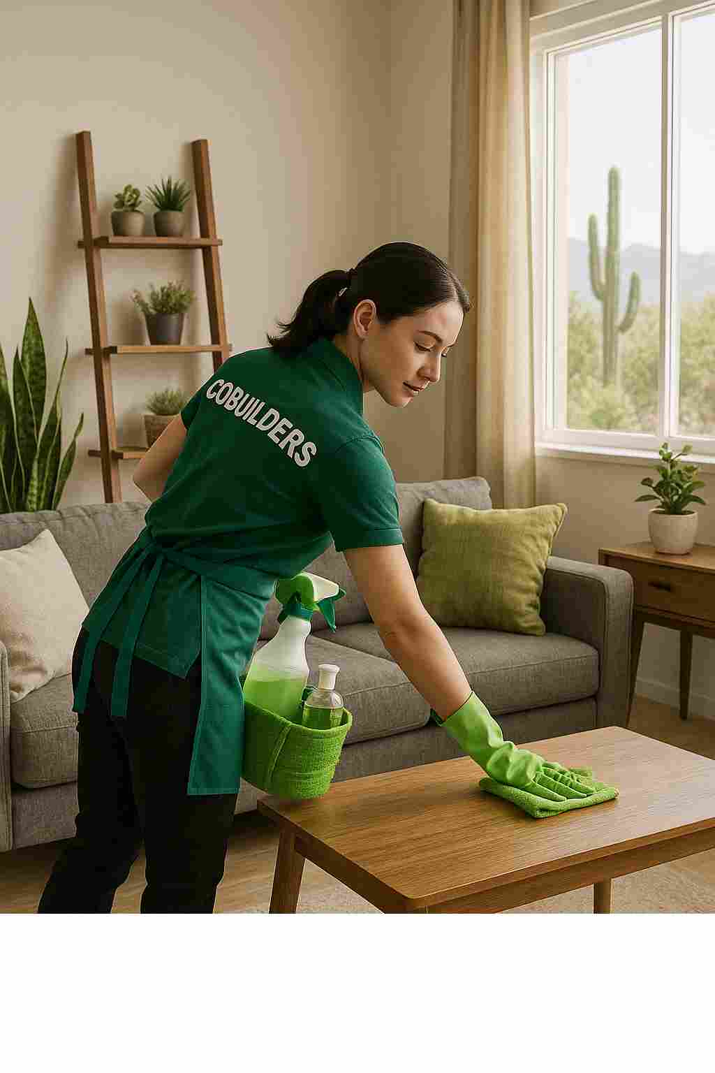 The CoBuilders maid cleaning a living room in Phoenix with eco-friendly products