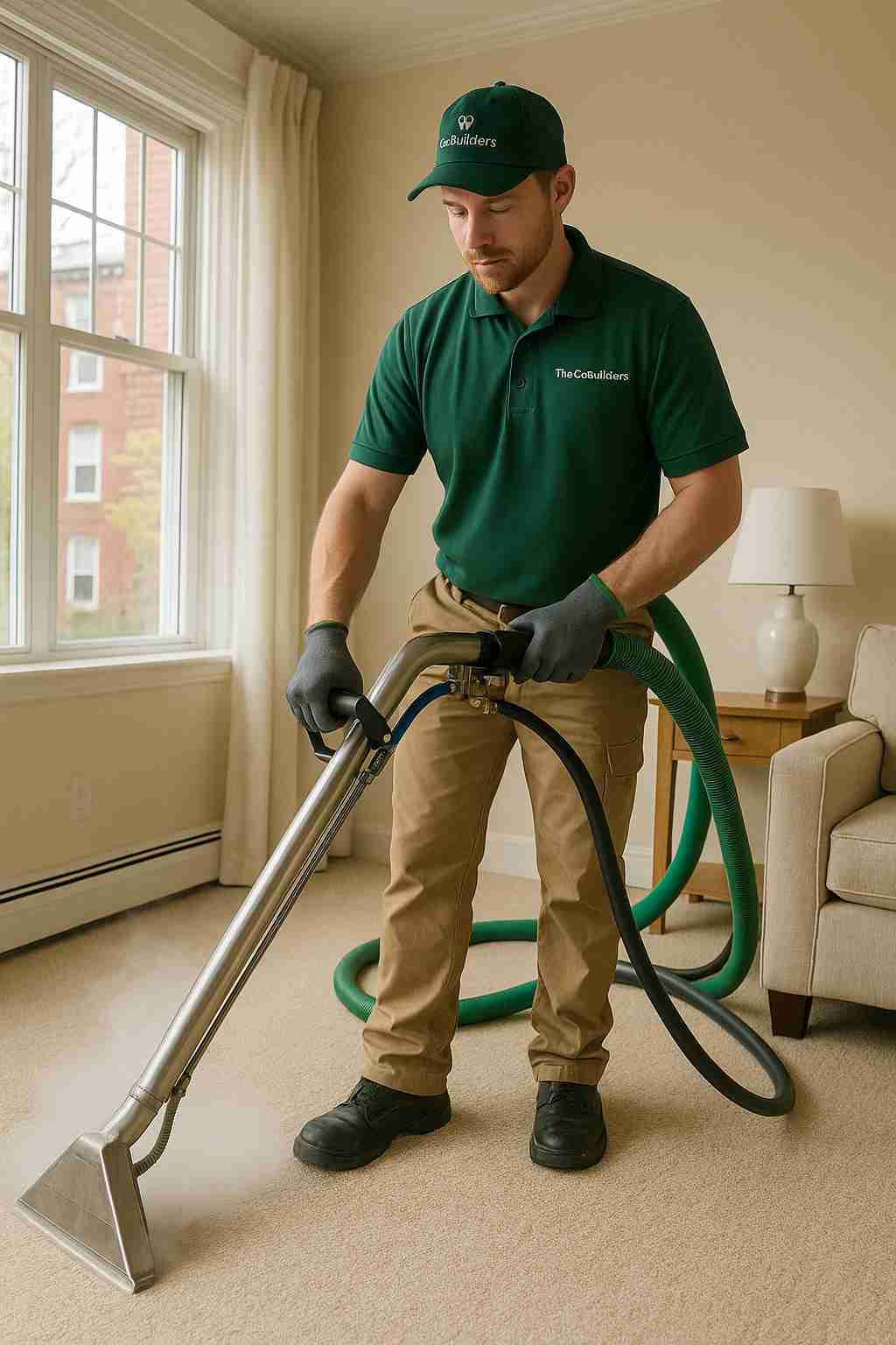 Professional carpet cleaner from The CoBuilders using eco-friendly steam cleaning in a Boston home