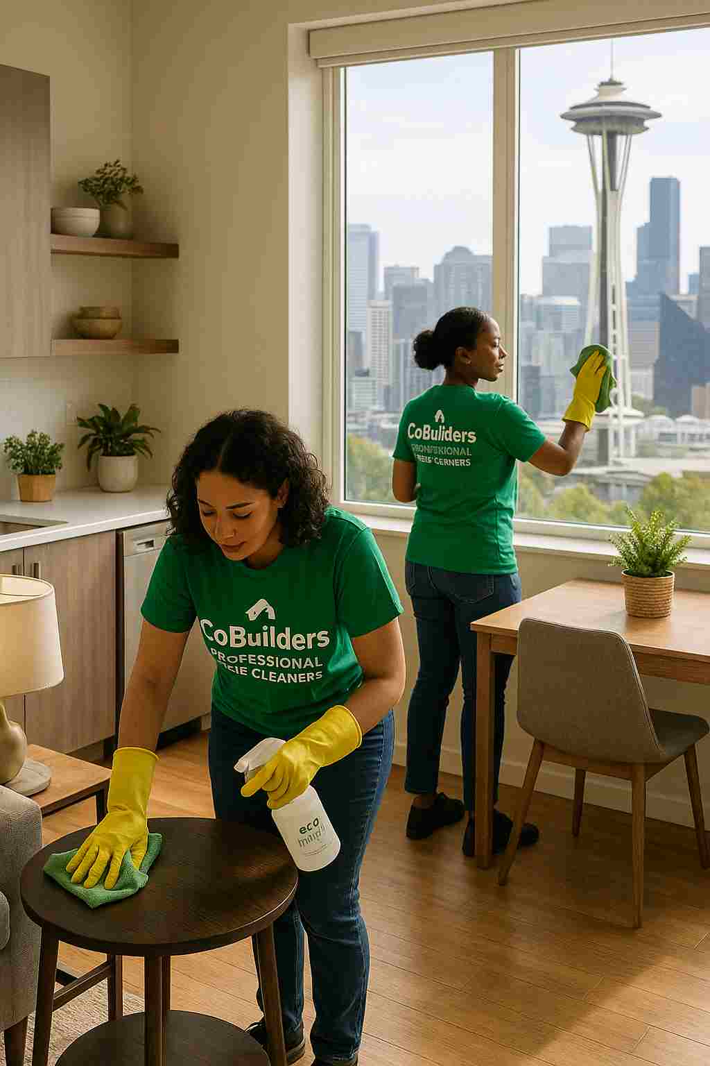 The CoBuilders professional home cleaners using eco-friendly products in a Seattle apartment